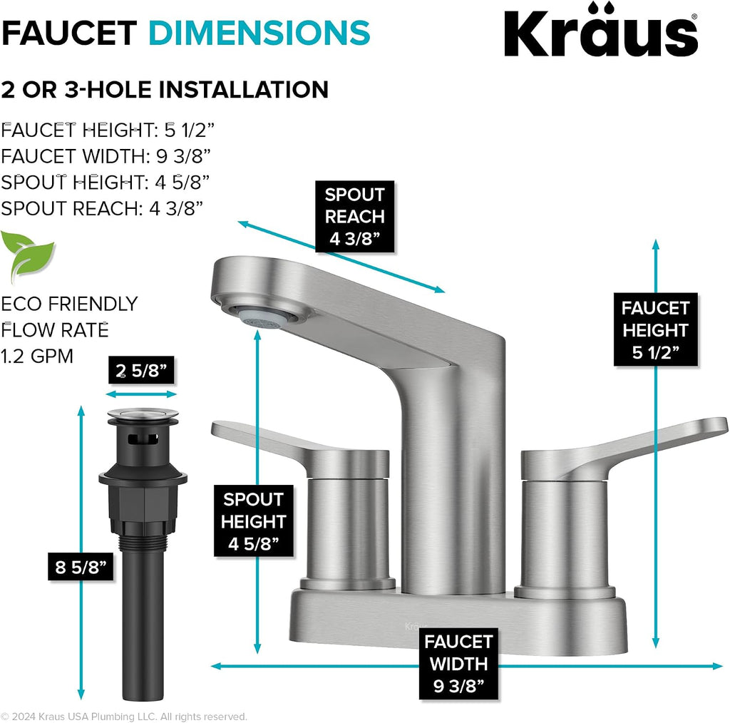 KRAUS Indy Centerset Bathroom Faucet in Spot-Free Brushed Nickel with 2 Handles, Pop Up Drain and Supply Lines, FUS-14102SFBN