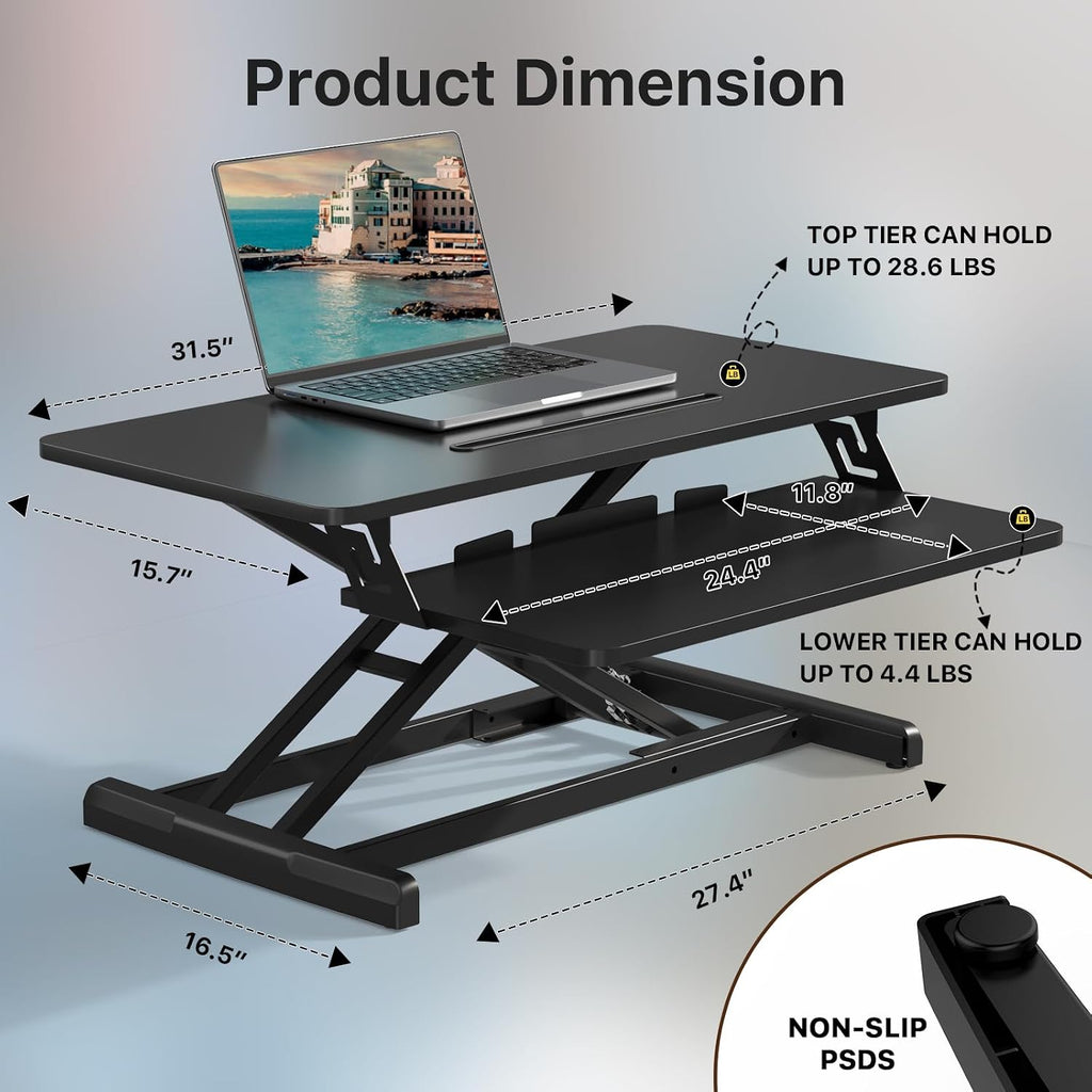 JOY worker Standing Desk Converter, 32' Wide Height Adjustable Sit Stand Up Desk Riser with Keyboard Tray, Desktop Workstation Riser for Home Office Computer Laptop, Particle Board, Black