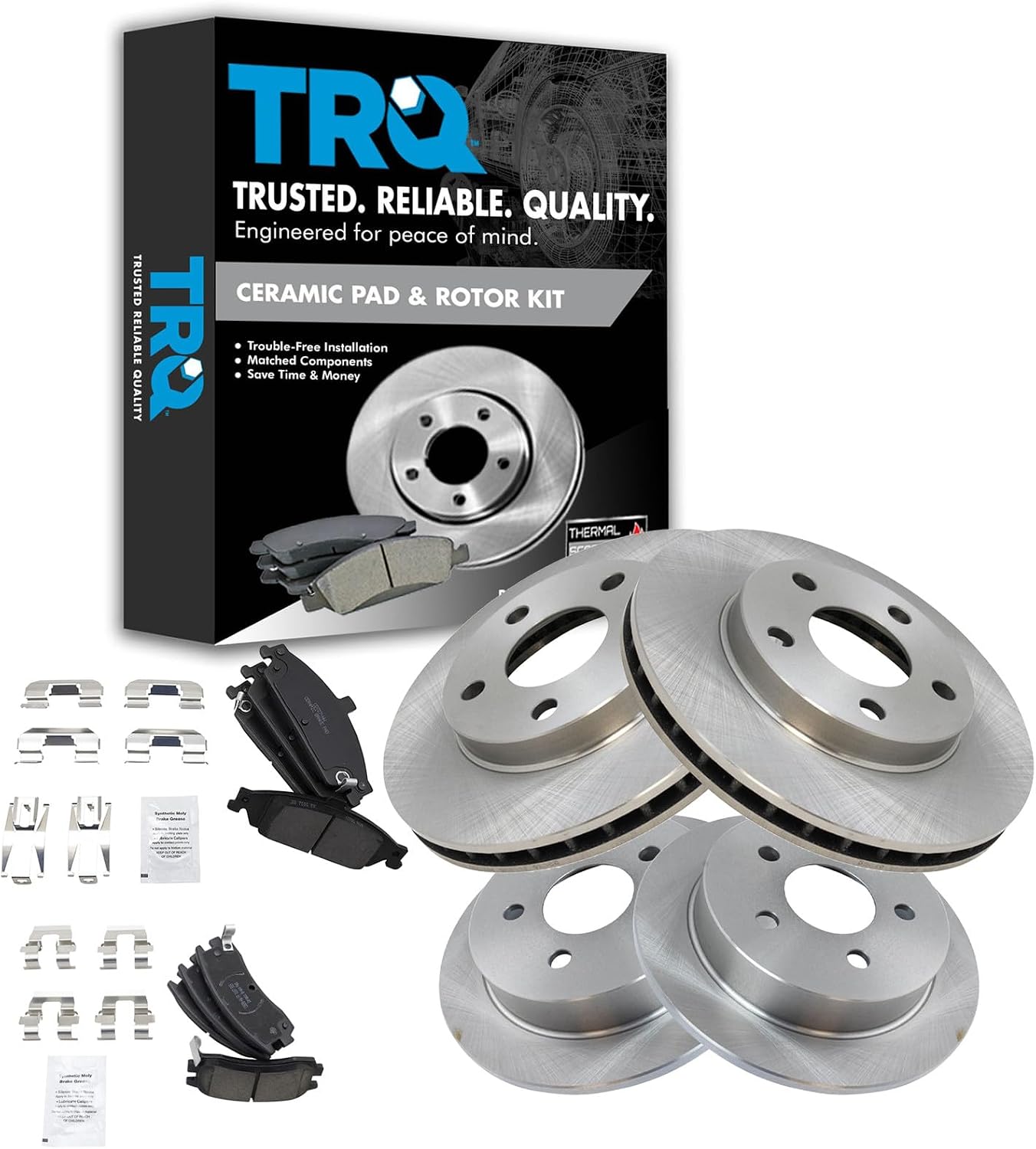 TRQ Front and Rear Brake Pad and Rotor Set Ceramic Compatible with 1999-2004 Oldsmobile Alero 1999-2005 Pontiac Grand Am