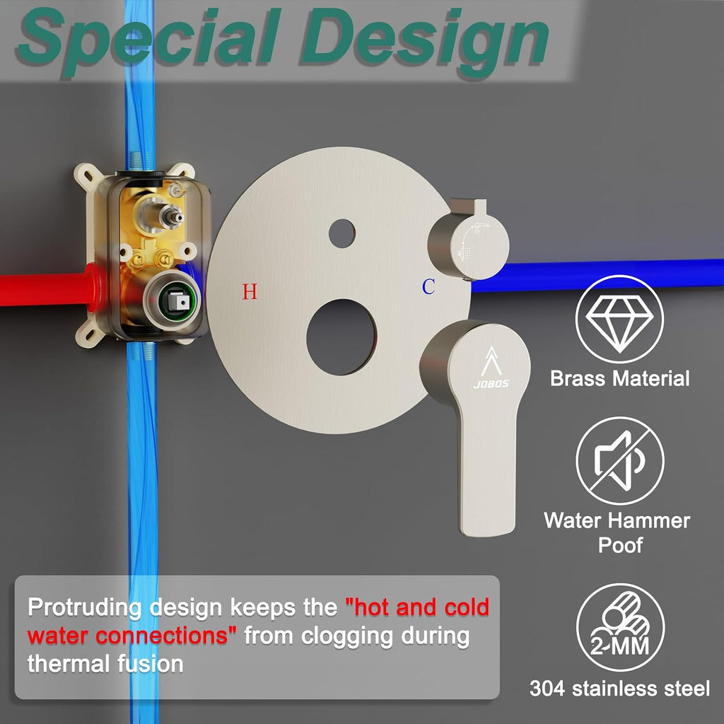 Shower Faucet Set 12IN Brass Rough-In Valve Body Trim Kit Rainfall Included Handle Accessories Complete 2 Functions with Rain Head and Handheld Bathroom Systems (12'', Brushed Nickel)