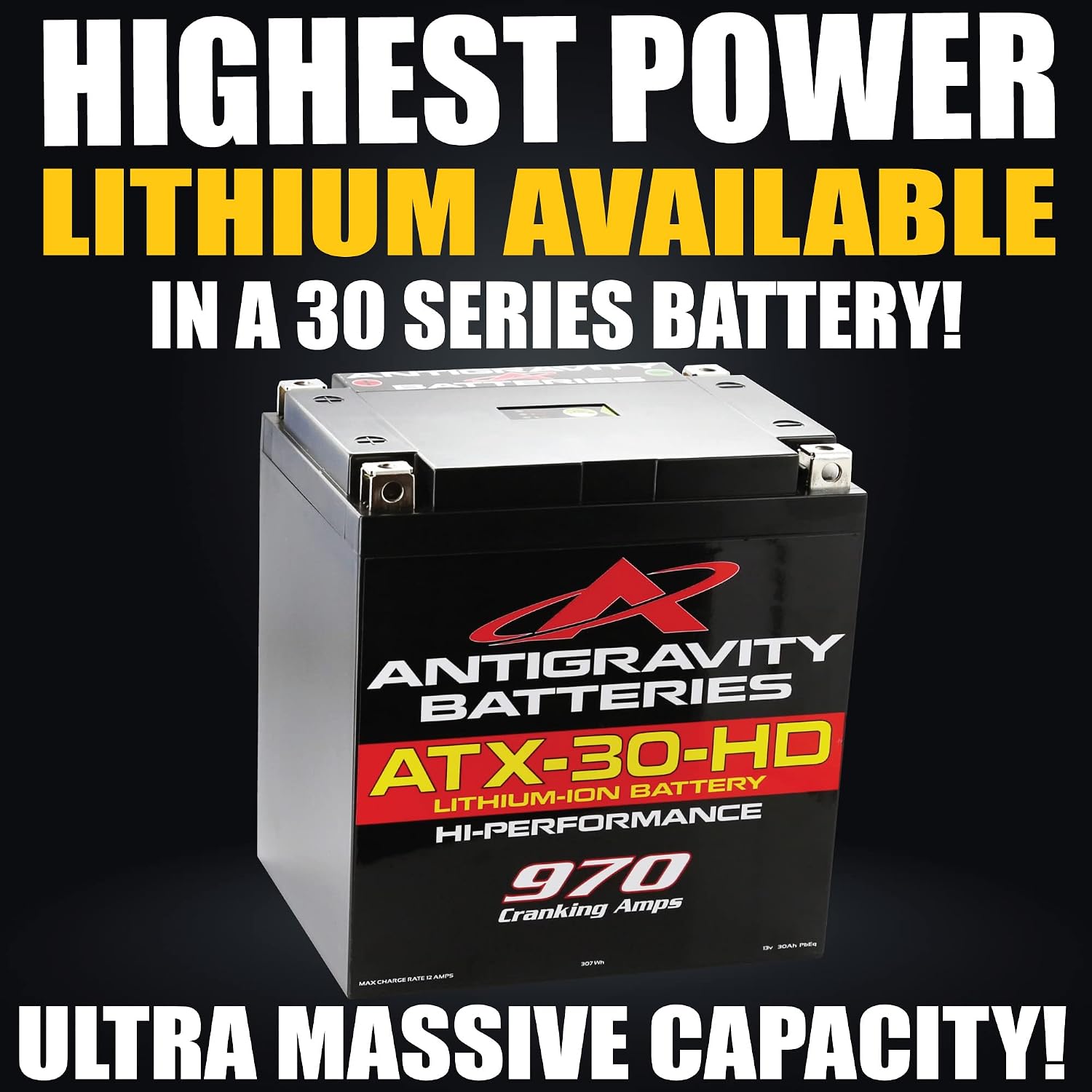 Antigravity ATX30-HD Lithium Motorcycle Battery 12V, 970 CA, 24Ah (48Ah PbEq), YTX30 Replacement, Heavy Duty Battery for Touring Bikes, UTV, ATV