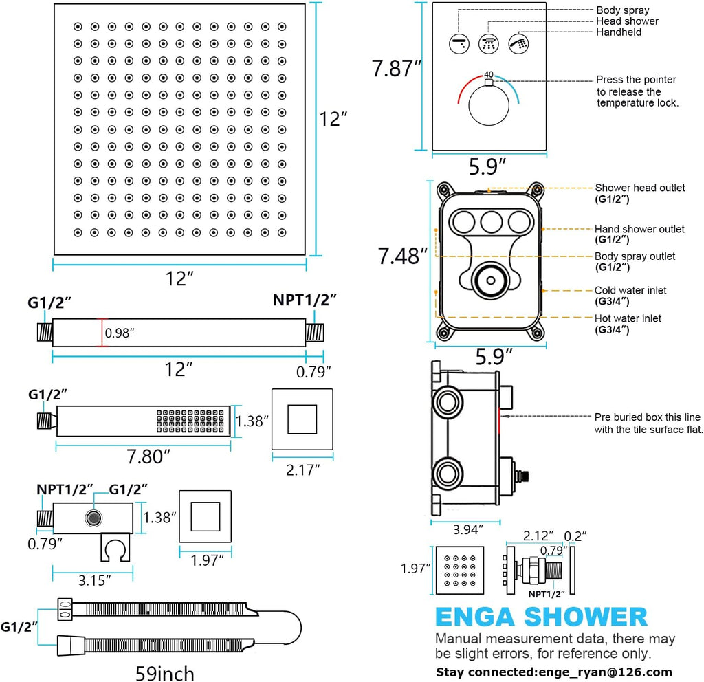 Brushed Gold Rain Shower System - Enga Full Body Spray Shower 12inch Ceiling Rain Showerhead with Body Jets, Thermostatic Modern Shower Combo Set, All Faucet On At The Same Time