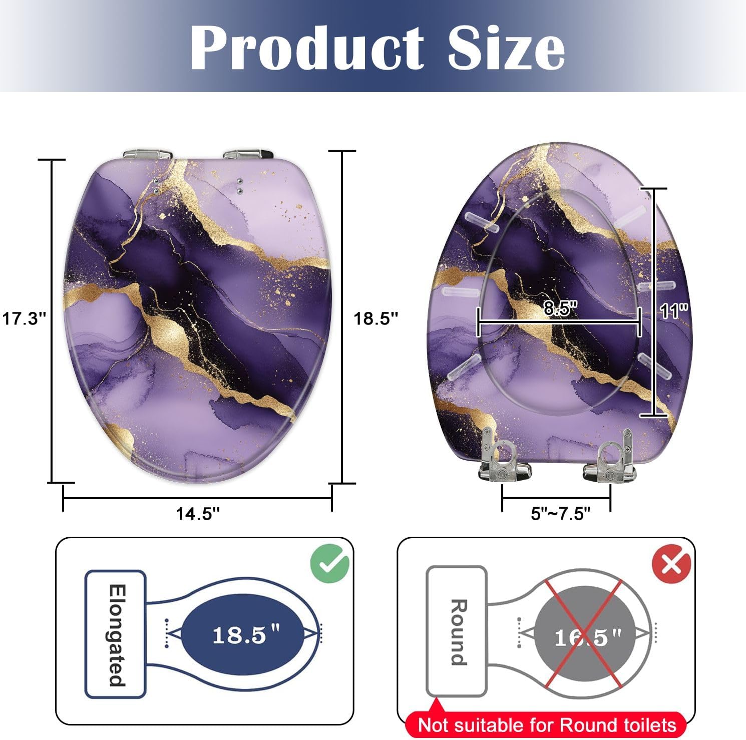 Elongated Toilet Seat Purple marble gold stripes alcohol ink Luxury violet black watercolor Resin Toilet Seat Slow Quiet Close Lid with Quick-Release Hinges Cover Bumpers Easy to Clean Install