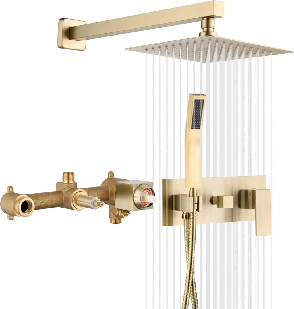 SUMERAIN Brushed Gold Rain Shower System with Handheld Shower, Pressure Balancing Shower Mixer Valve