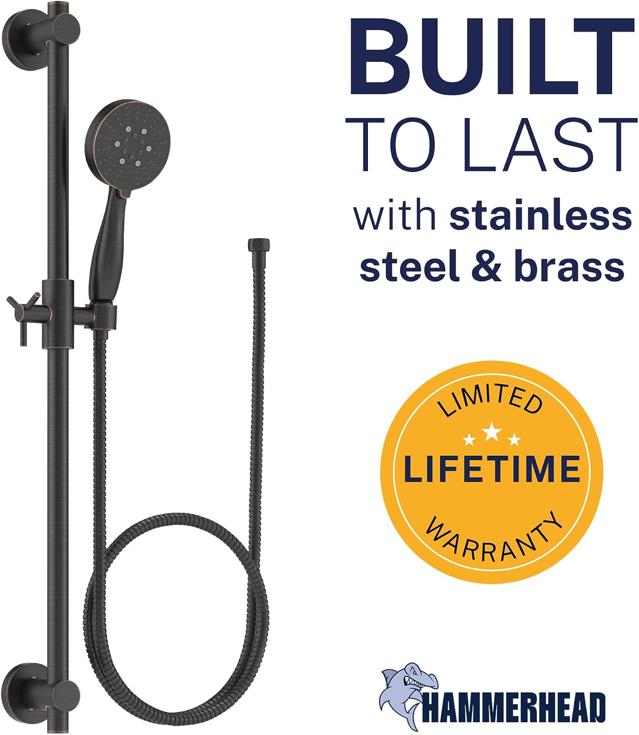 HammerHead Showers Solid Metal 27.5 Inch Shower Slide Bar with 3-Spray Handheld Shower Head with Long Hose and Holder, 2.5 GPM High Pressure Shower Head, Oil Rubbed Bronze