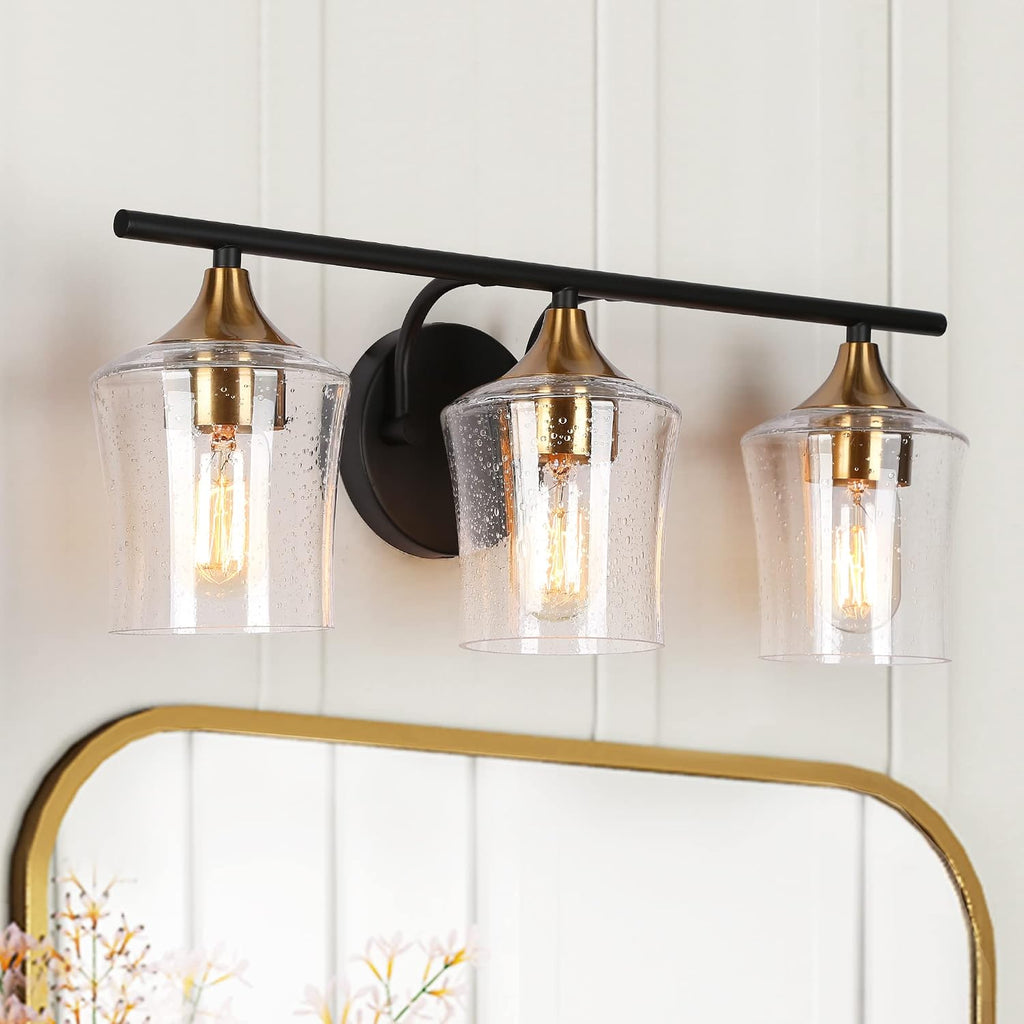 ZEVNI Vanity Light Fixture, 3-Light Bathroom Black and Gold Vanity Light Fixtures with Seeded Glass Shades, 20.5' X 7.5' X 7'