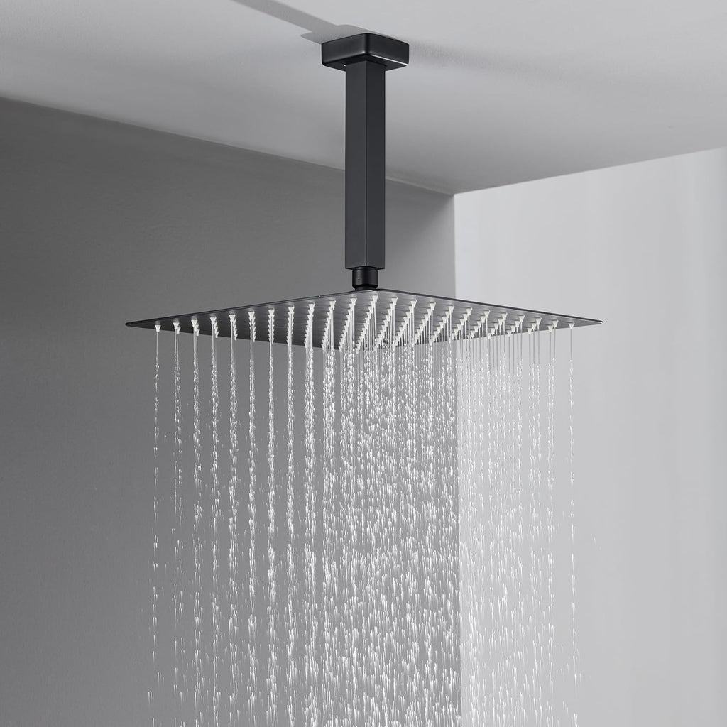 Shower System 12 Inches Rain Shower Combo Set Black Ceiling Mount Shower Faucet Bathroom Faucets with Rainfall Shower Head and Hand Shower