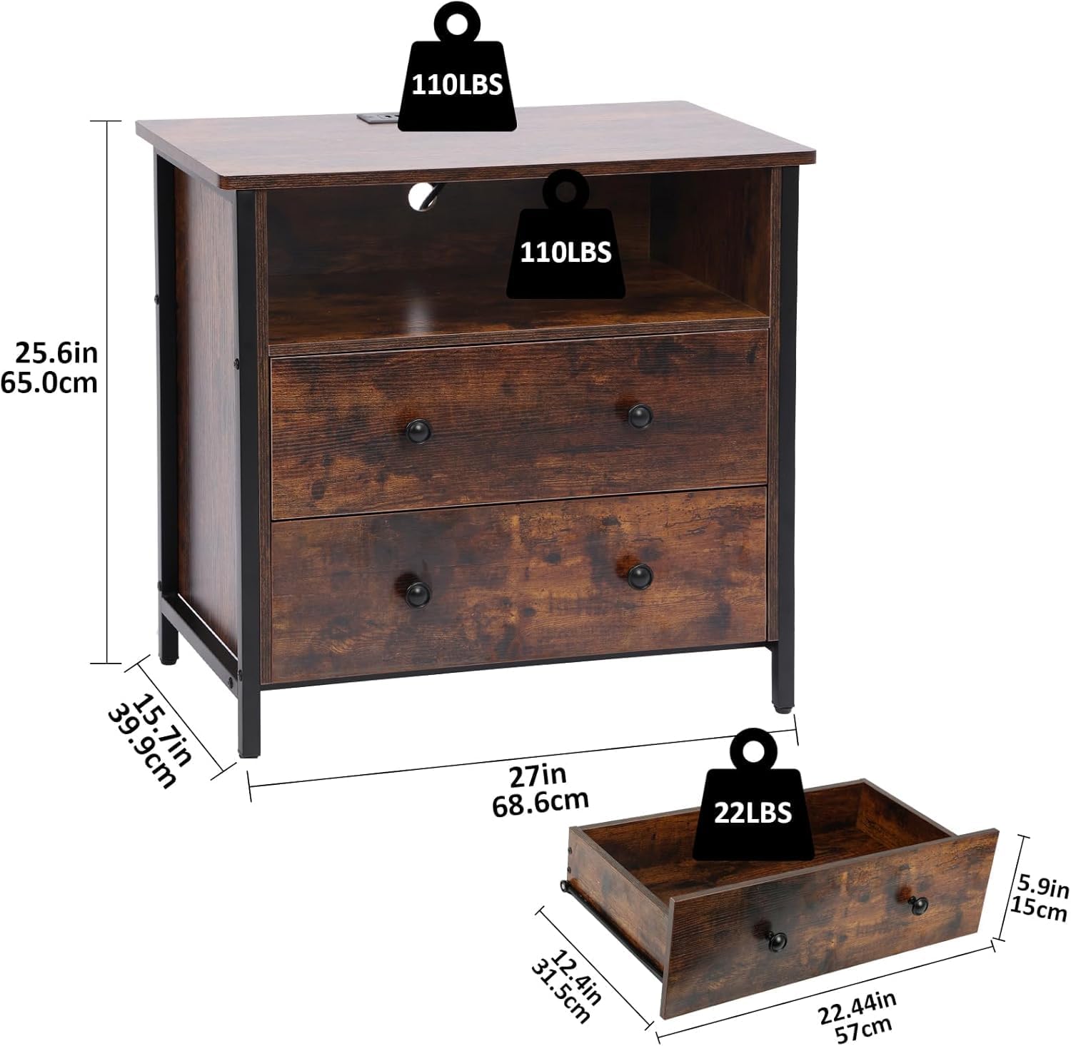 27 Inch Wide Night Stand, Large Wood Night Stand Set 2 with 2 Drawers, LED Nightstand with Charging Station and Adjustable Drawer, Bedside Table for Living Room/Bedroom/Study/Office, Retro.