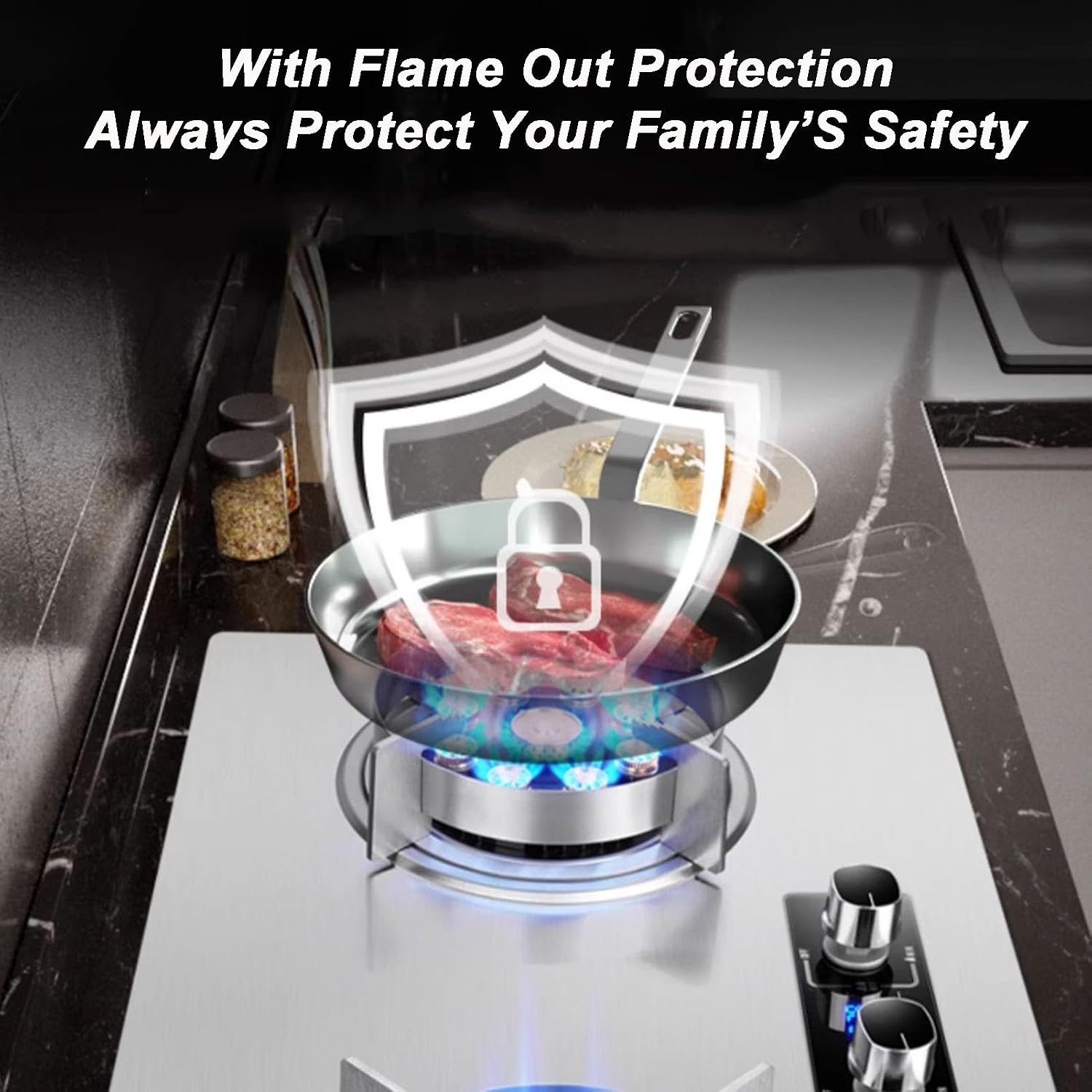 Stainless Steel Gas Stove 75CM Gas Stove 2 Burners, 5.2KW 9 Cavity Timed High Fire, Built-in Gas Cooker Plug and Play, with Flameout Protection(NG)