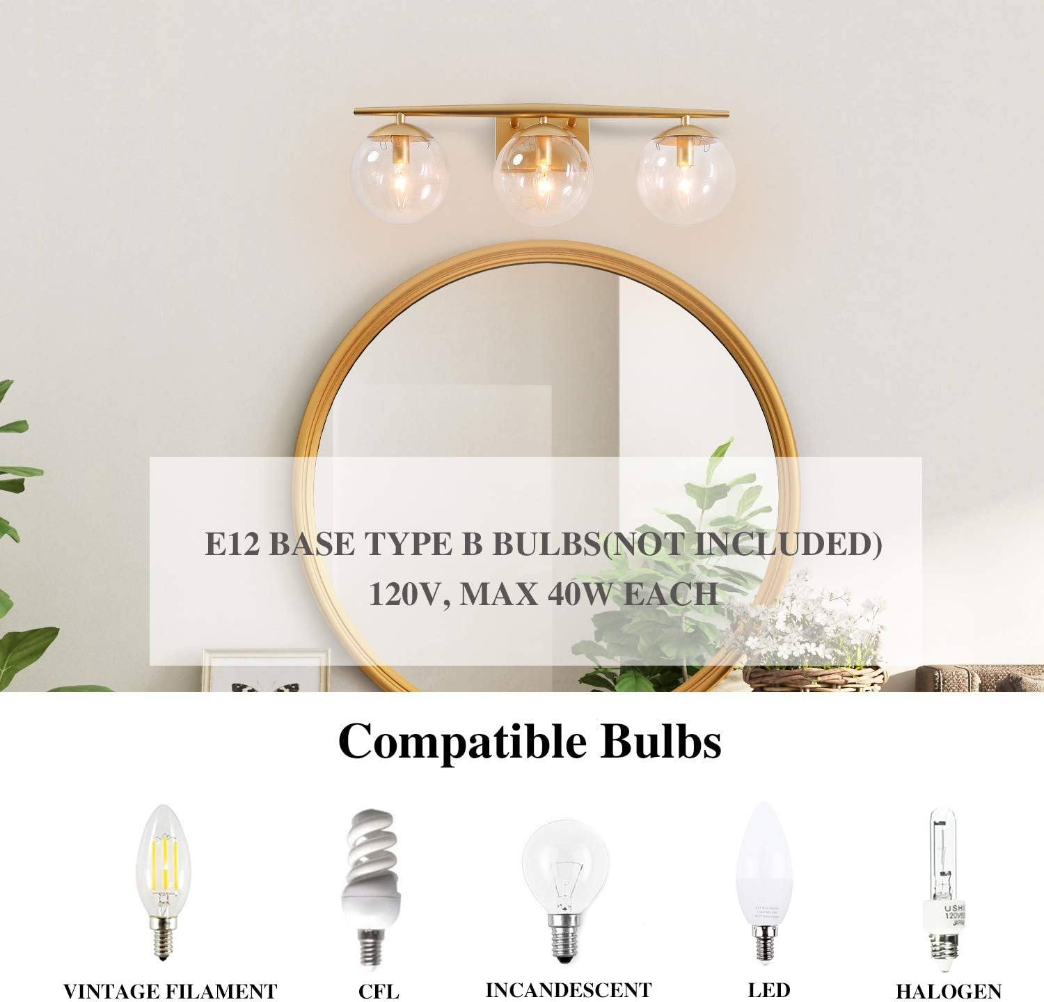 KSANA Gold Vanity Light,3 Modern Bathroom Fixture with Clear Globe Glass Shades and Taper Arm