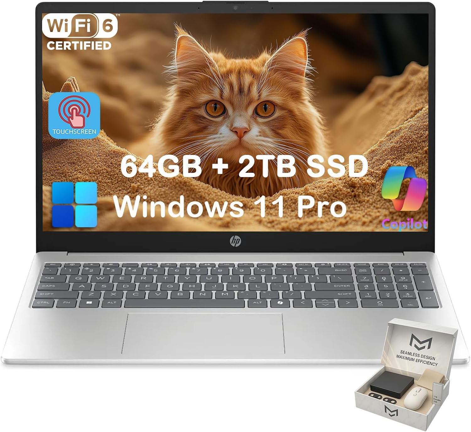 HP 15.6 Touchscreen Laptop Computer for Business & Student, w/Office Lifetime, Intel 13th Gen Core i3(Up to 4.5GHz), HD Touch Display, 64GB RAM, 2TB SSD, AI Copilot, Win 11 Pro, External DVD Drive