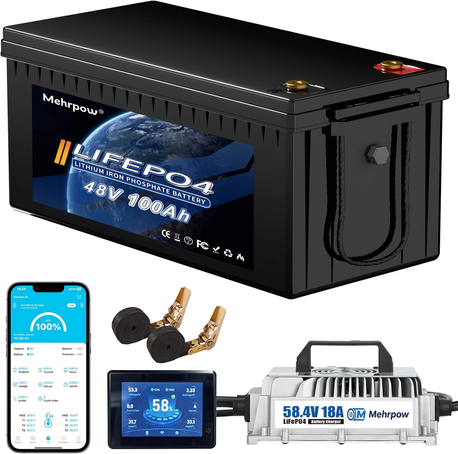 48V Lithium Battery Golf Cart Batteries Kit with Smart 200A BMS 58.4V 18A Charger Touch Monitor & Mobile APP 10000 Rechargeable Cycles 48V 100Ah LiFePO4 Battery for Solar RV and Off Grid Applications