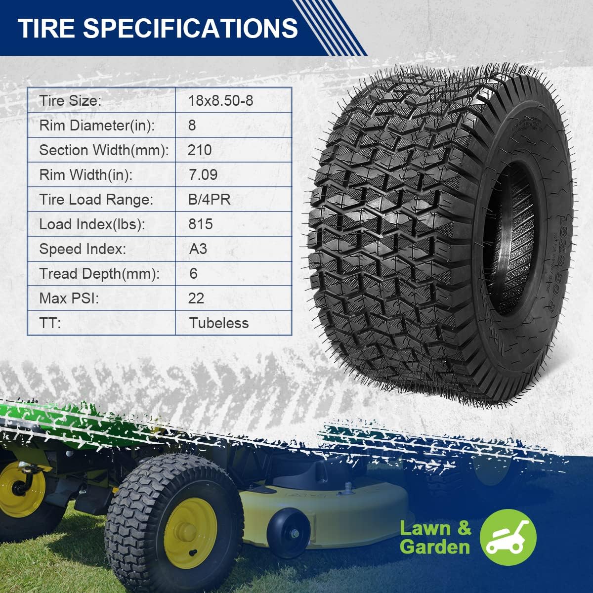 MaxAuto FOX V1 Patent Design 15x6.00-6 & 18x8.50-8 Lawn Mower Front & Rear Tire Set,15x6.00x6nhs Front and 18x8.50x8nhs Rear Tires for Golf Cart, Lawn & Garden Tractor, 4Ply,4 Pack in 2 Packages