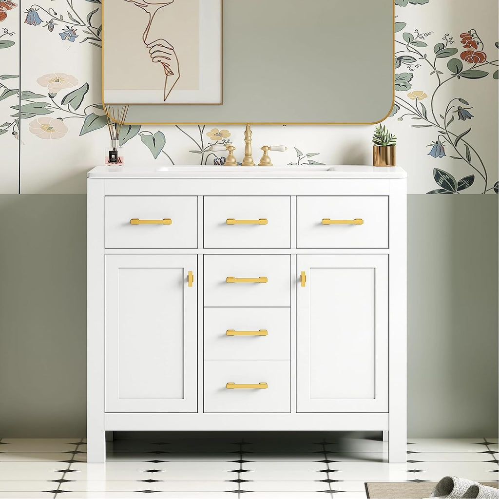 Virubi 36' Bathroom Vanities with Single Sink Set, Bathroom Storage Cabinet with 4 Drawers and 2 Soft Closing Doors, Solid Wood Frame Bathroom Sink Vanities (White)