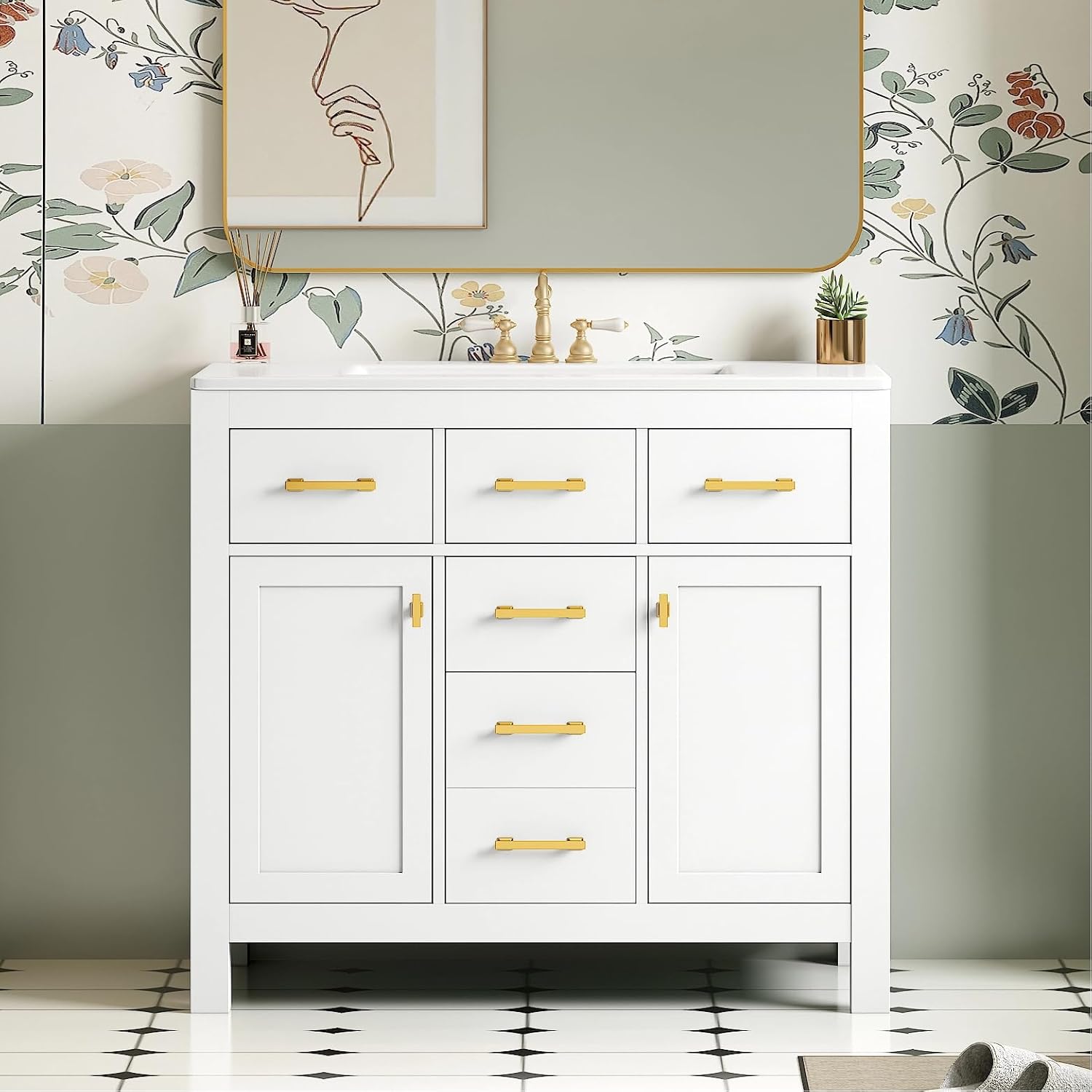 Virubi 36' Bathroom Vanities with Single Sink Set, Bathroom Storage Cabinet with 4 Drawers and 2 Soft Closing Doors, Solid Wood Frame Bathroom Sink Vanities (White)