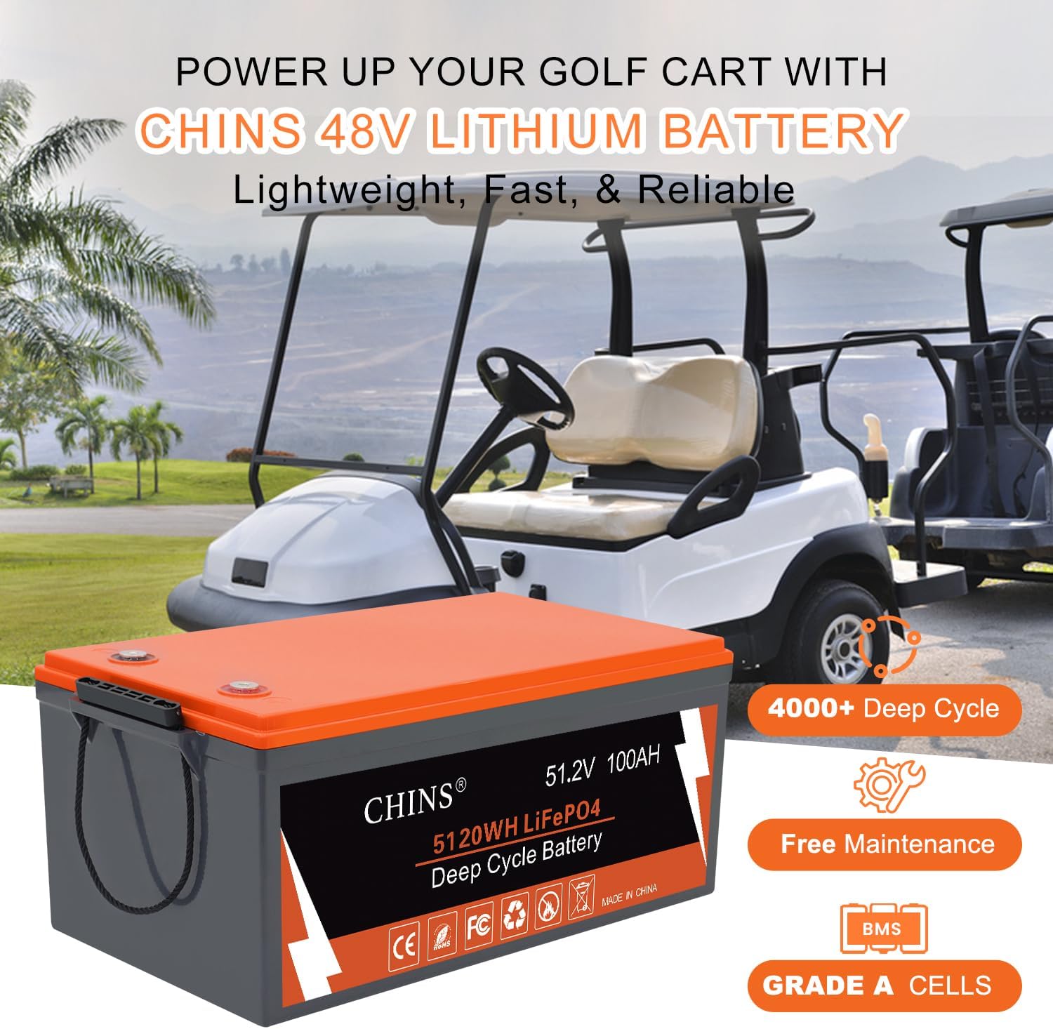 CHINS 48V 100Ah Lithium Golf Cart Battery, Includes Monitor, Built-in Bluetooth 200A BMS, 4000+ Cycles, 48V Lithium Battery Perfect for Golf Cart
