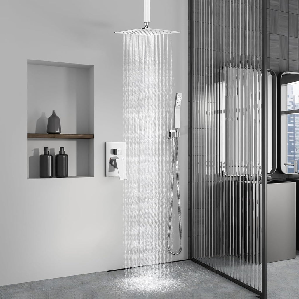 Aolemi Ceiling Mount Shower System Rain Shower Head with Handheld Spray High Pressure Shower Faucet Set Rough-in Valve Shower Trim Kit Included Bathroom Polish Chrome 8 Inch Ceiling Shower Head