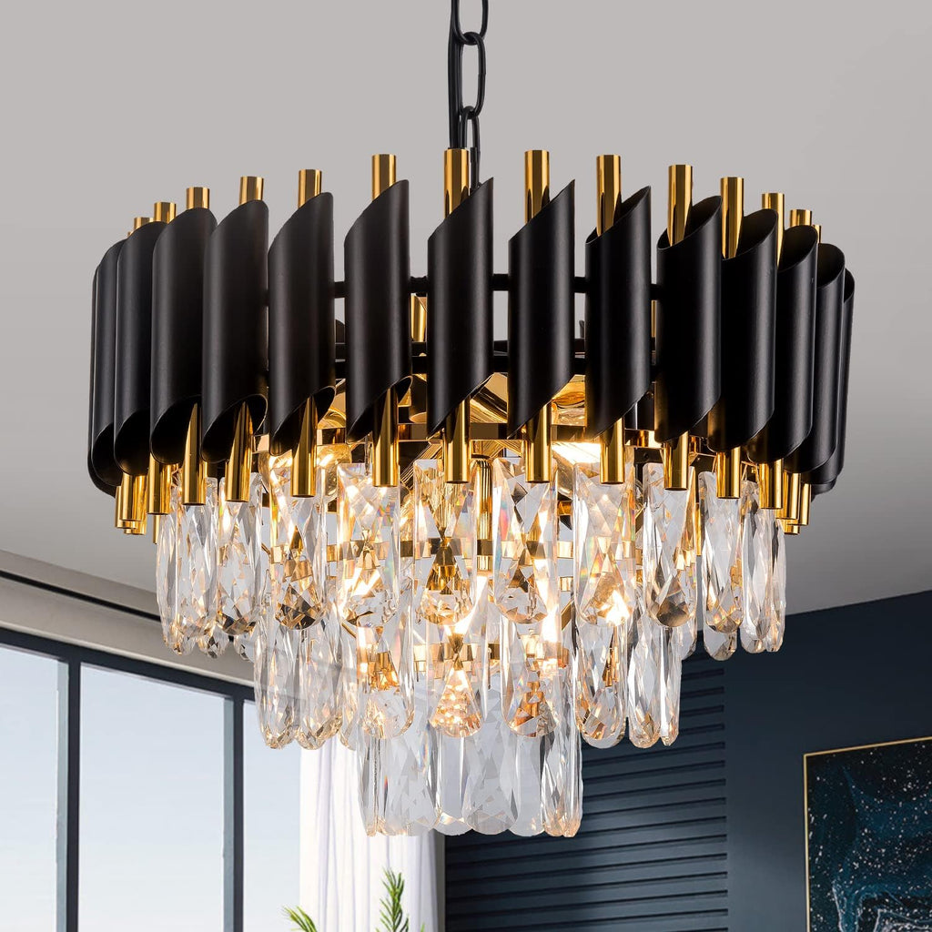 3-Tier Black Gold Crystal Chandelier 5-Light 15'' Modern Crystal Pendant Chandelier Ceiling Light Fixture Hanging Lighting for Kitchen Island Dining Room Foyer Entryway Bedroom