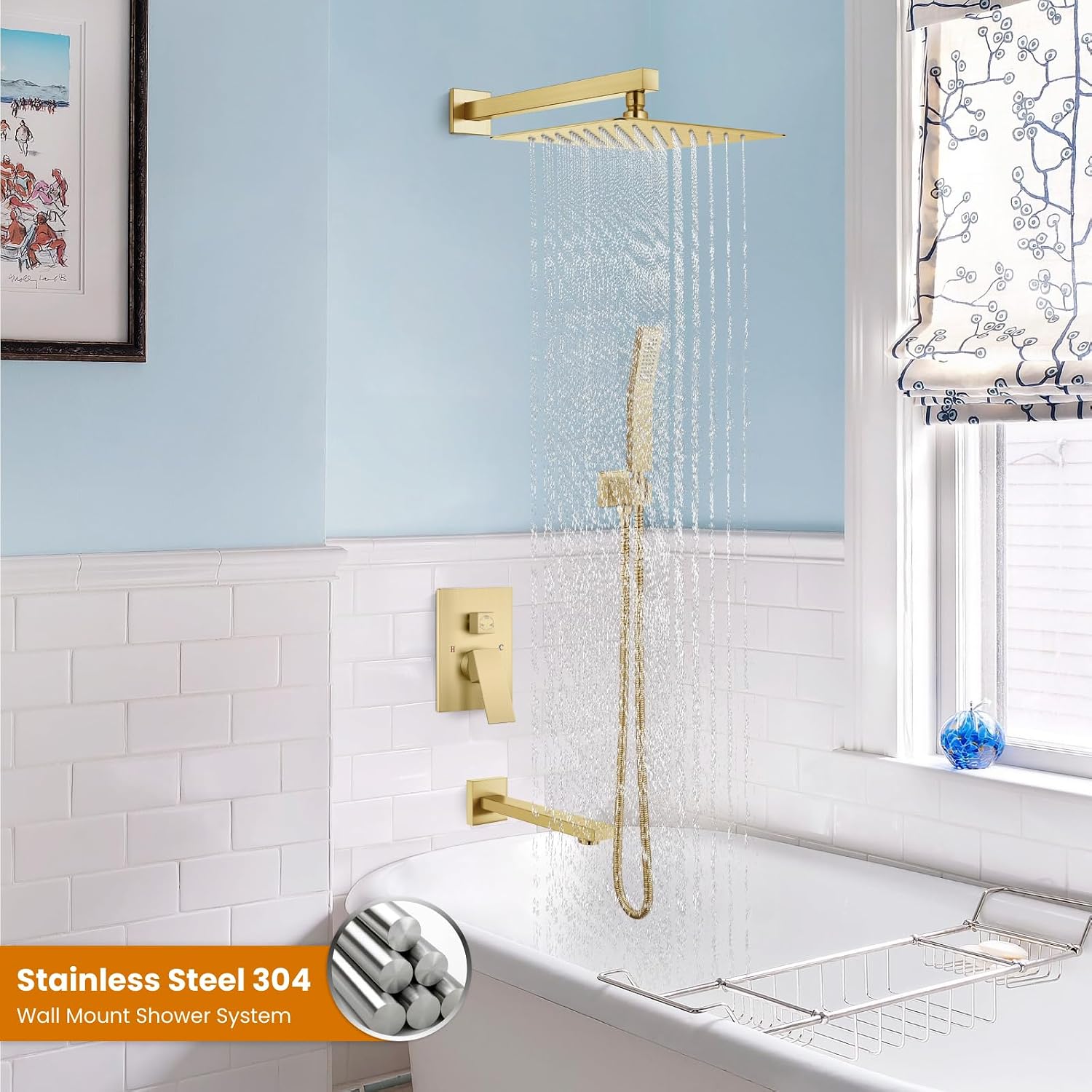 gotonovo Shower System with Tub Spout Wall Mounted Rain Shower Head and Handle Combo Shower Faucet Set with Valve, 12 Inch, Brushed Gold