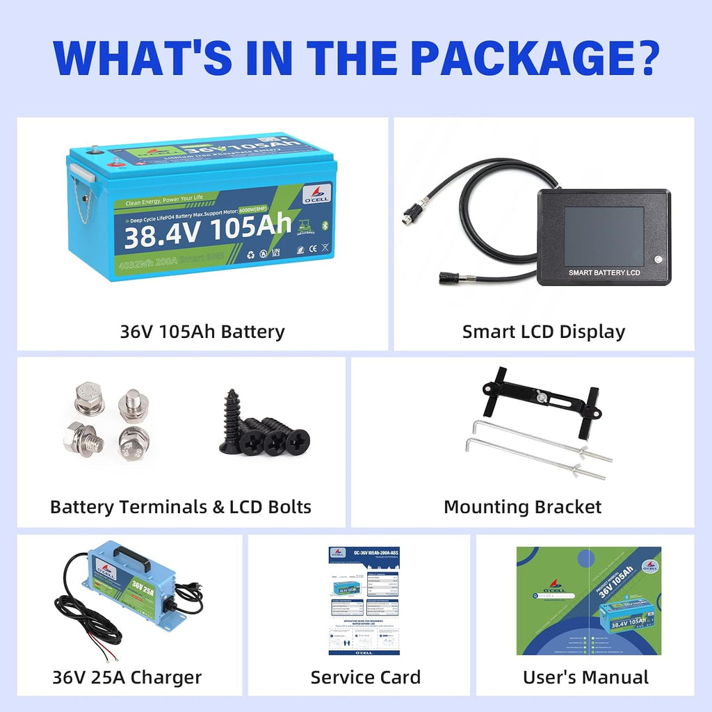 36V 105Ah LiFePO4 Golf Cart Battery -10+ Year Lifespan, 200A Smart BMS, Touch LCD/Bluetooth APP, Hold Down bracket, 36V 25A Charger IP67|38.4V Lithium Fits Club Car, YAMAHA, EZ GO, Lawn Mower, Marine