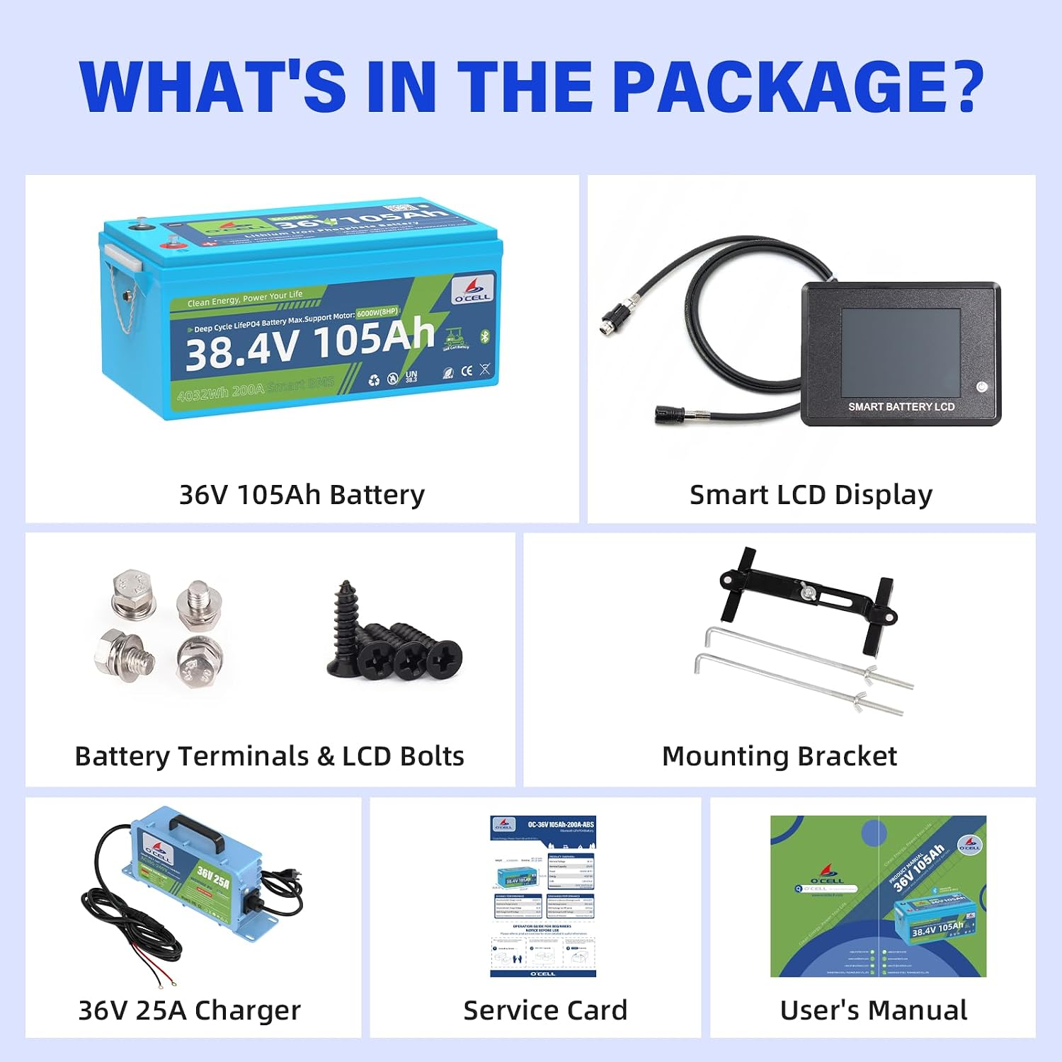 36V 105Ah LiFePO4 Golf Cart Battery -10+ Year Lifespan, 200A Smart BMS, Touch LCD/Bluetooth APP, Hold Down bracket, 36V 25A Charger IP67|38.4V Lithium Fits Club Car, YAMAHA, EZ GO, Lawn Mower, Marine