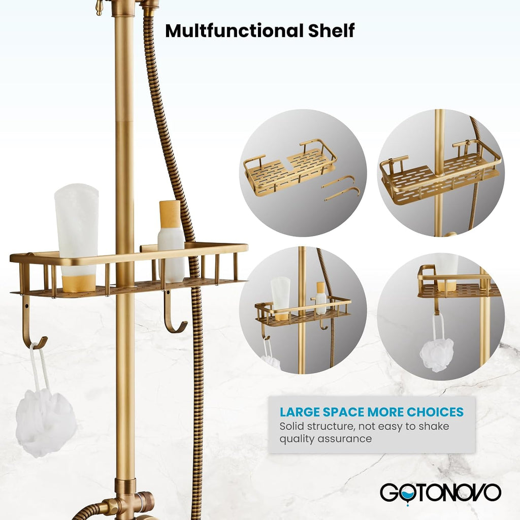 gotonovo Exposed Shower Faucet Set with Shower Shelf 8 inch Rainfall Shower Head with Handheld Sprayer Double Cross Handles Shower System Dual Functions Wall Mounted Antique Brass