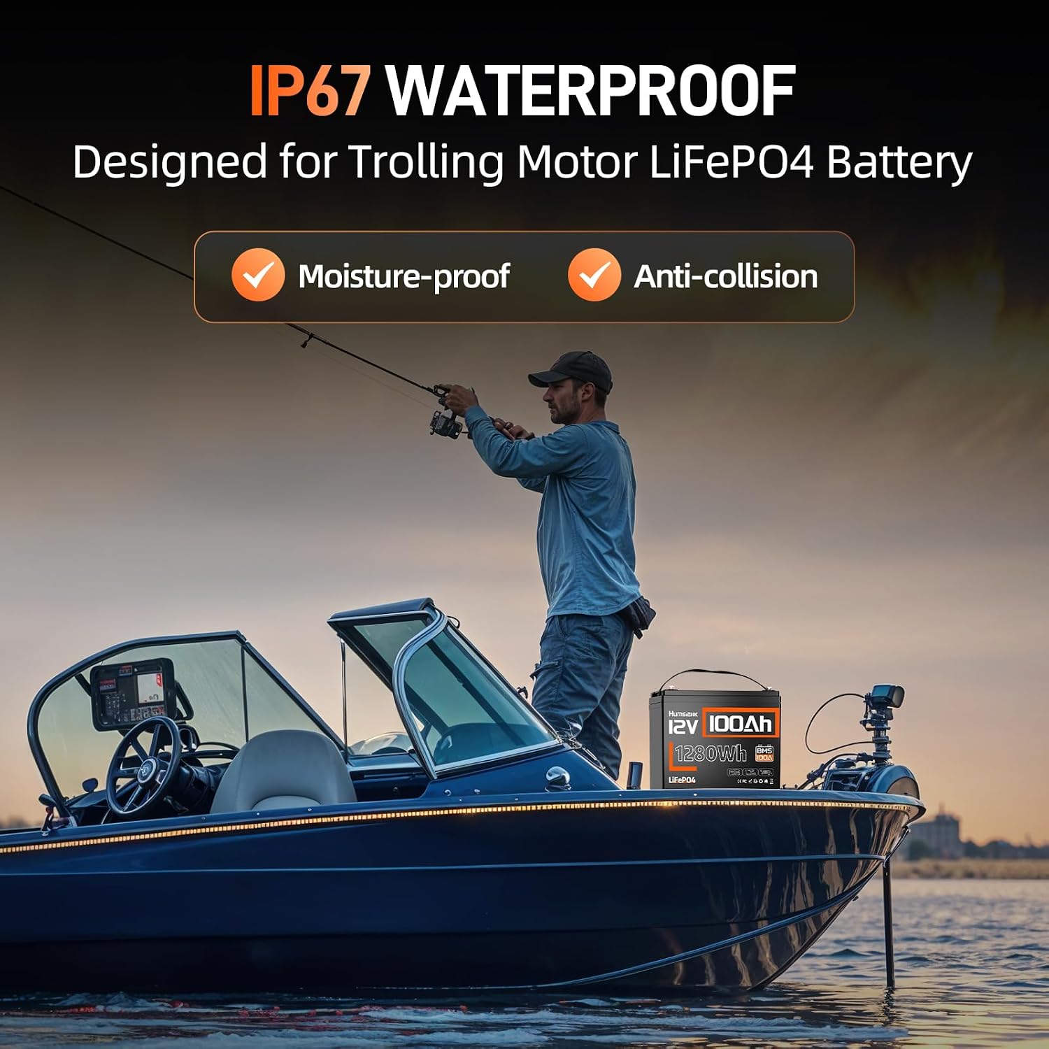 HumsiENK 12V 100Ah LiFePO4 Battery Lithium Deep Cycle, Group 24, IP67, Built-in 100A BMS, 1280Wh Energy, 15000+ Cycles for RV Solar Off-Grid Marine Trolling Motor, Portable Power for Camping