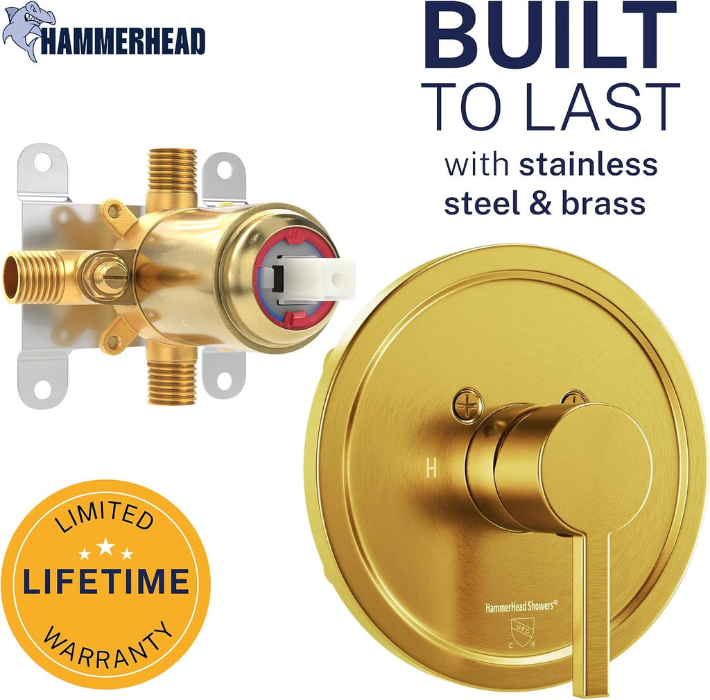 HammerHead Showers Solid Metal Single-Handle Trim Kit with Rough-In Shower Valve, Volume and Temperature Control, Pressure Balance, Brushed Gold