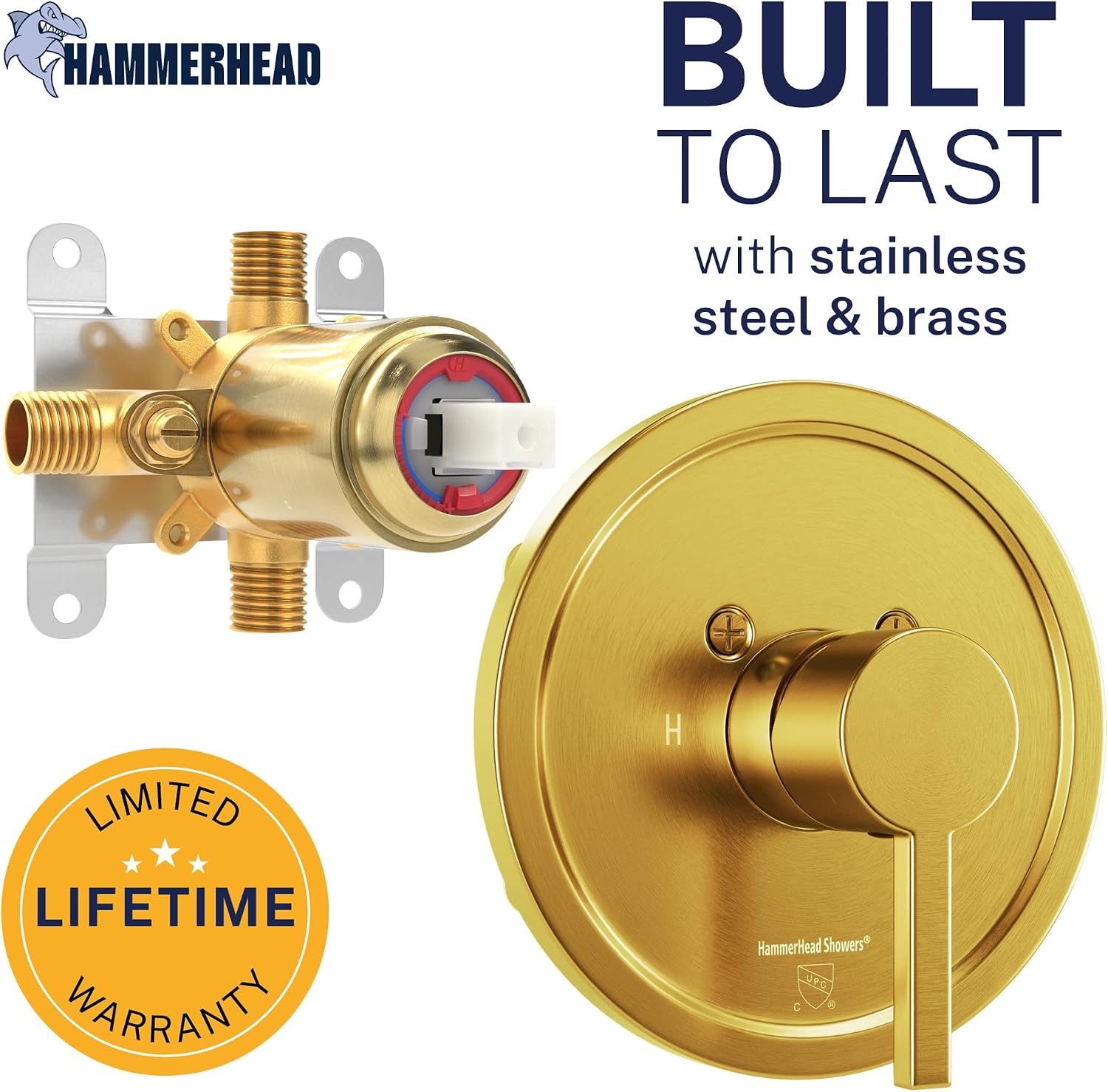 HammerHead Showers Solid Metal Single-Handle Trim Kit with Rough-In Shower Valve, Volume and Temperature Control, Pressure Balance, Brushed Gold
