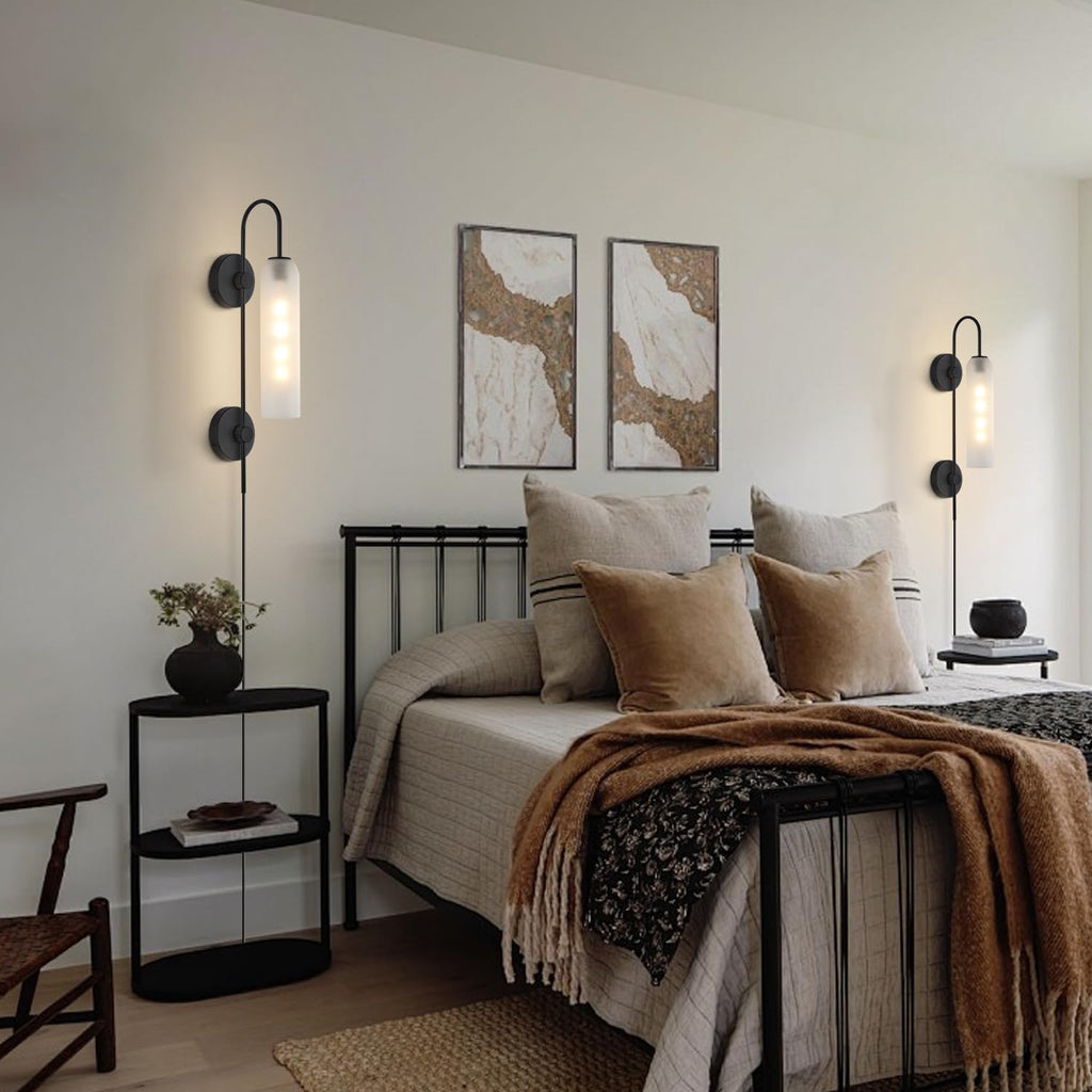BOKT Black Wall Lights Plug in for Bedroom, Frosted Milky White Glass Wall Sconce Decor, Large Modern Wall Sconces for Living Room