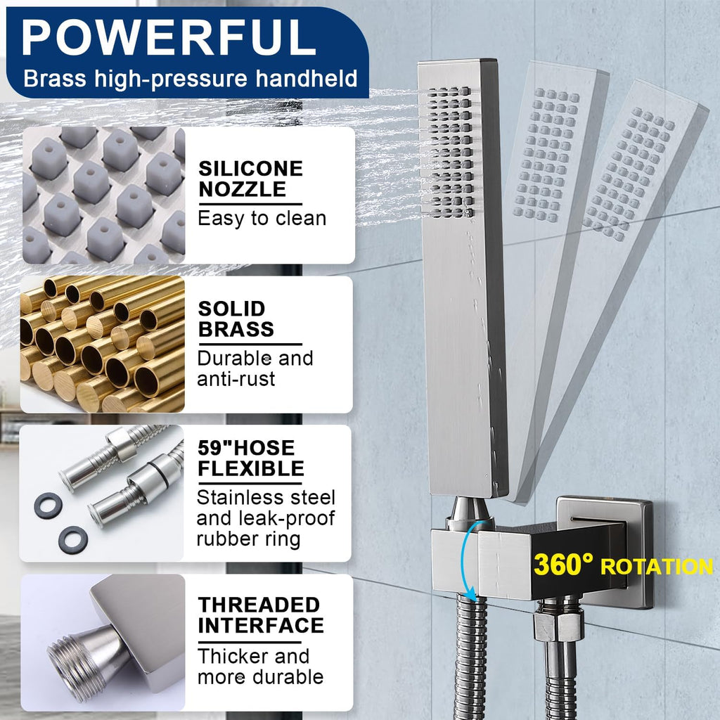 Dual Rain Shower Head Thermostatic Luxury Spa Shower System And Ceiling Mount 14x20 Inch LED 4 Functions with 6 Inch Wall Head Shower Faucet Set,Brushed Nickel