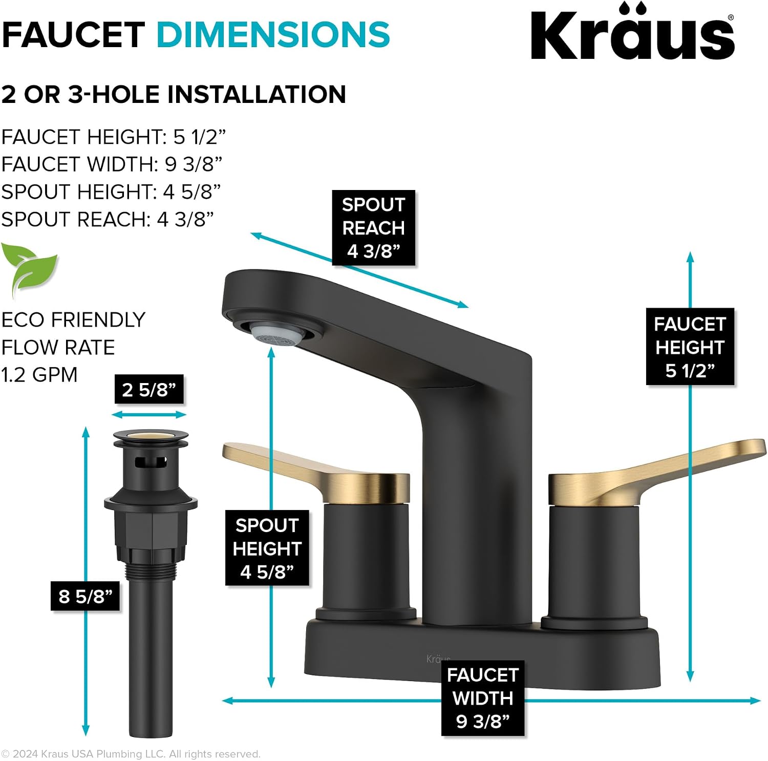 KRAUS Indy Centerset Bathroom Faucet in Spot-Free Brushed Brass/Matte Black with 2 Handles, Pop Up Drain and Supply Lines, FUS-14102SFBBMB