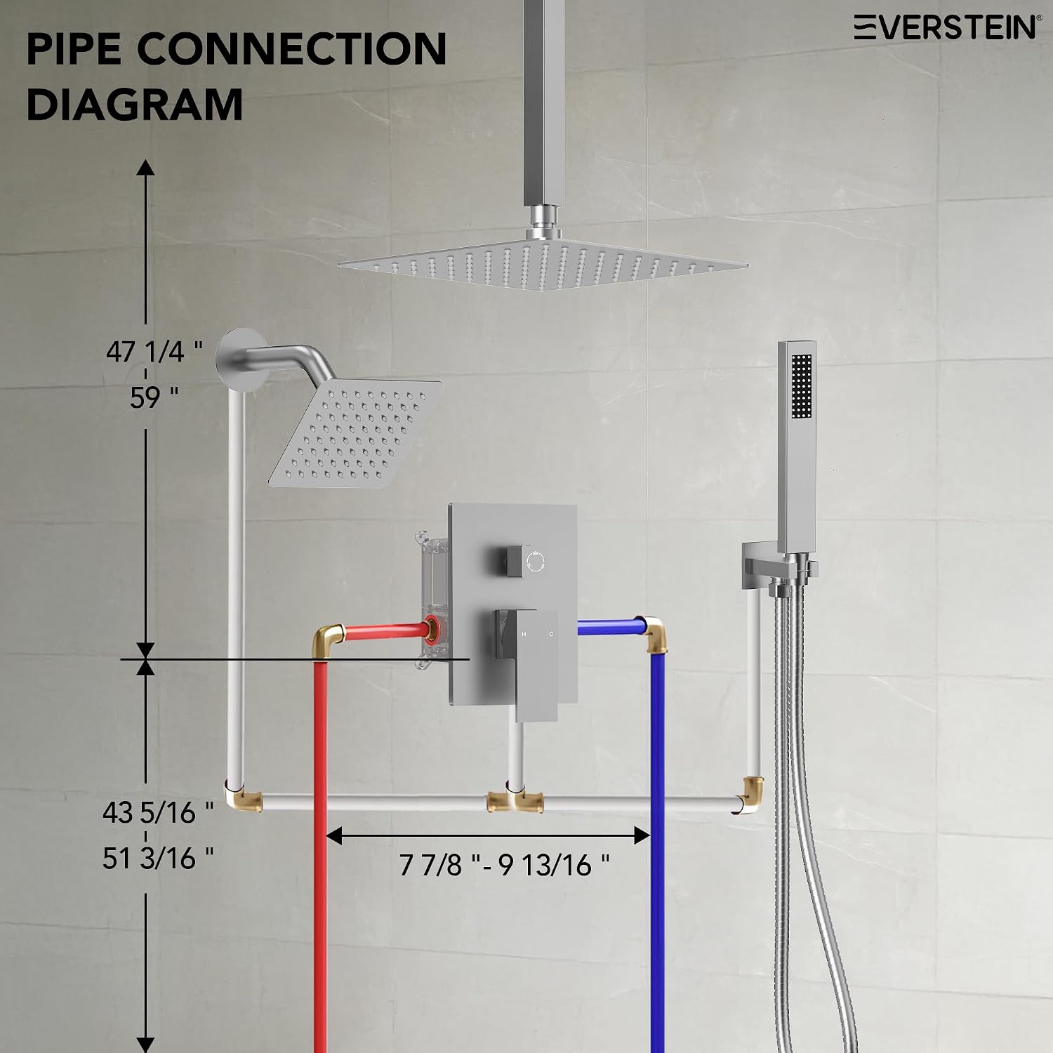 10' High-Pressure Rainfall Shower Faucet, Celling Mount Dual Shower Head System, Brushed Nickel