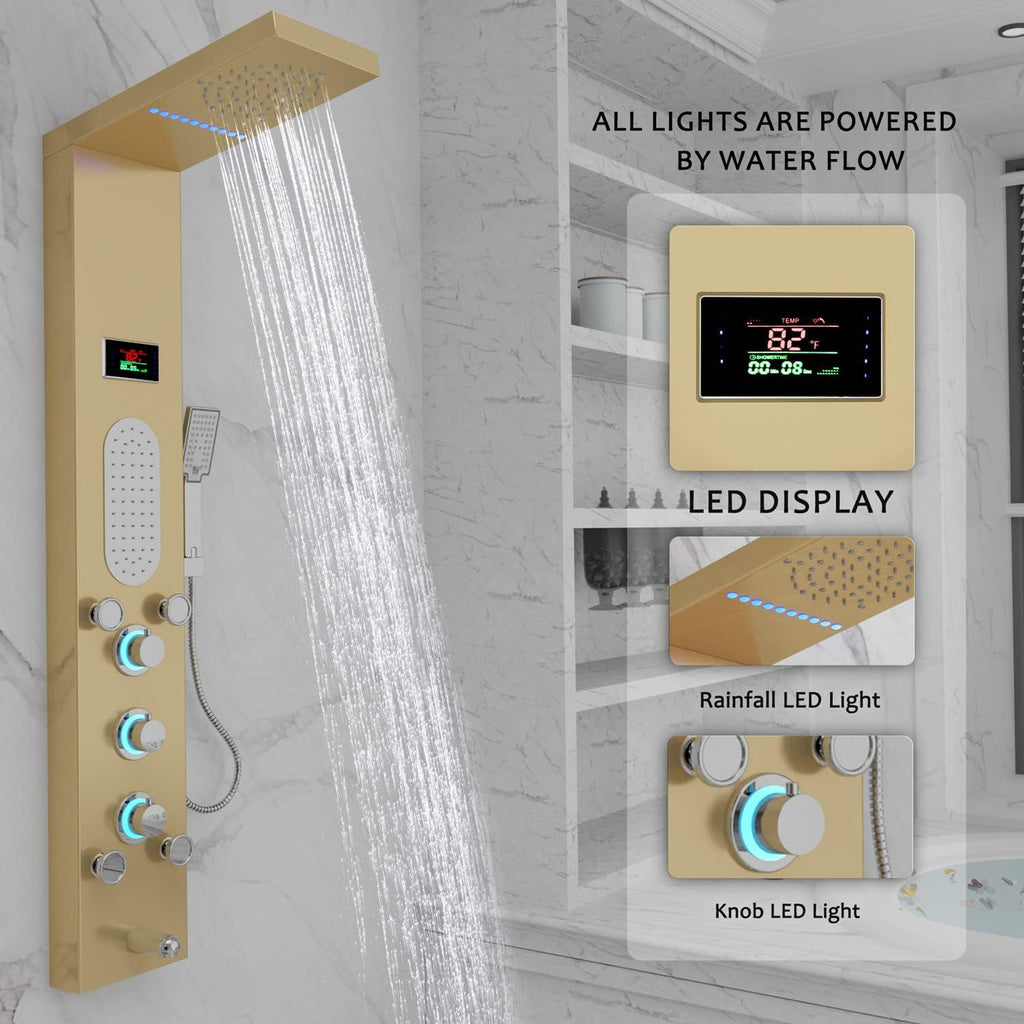 ELLO&ALLO LED Shower Panel Tower System, Rainfall and Mist Head Rain Massage Stainless Steel Shower Fixtures with Adjustable Body Jets, Brushed Gold