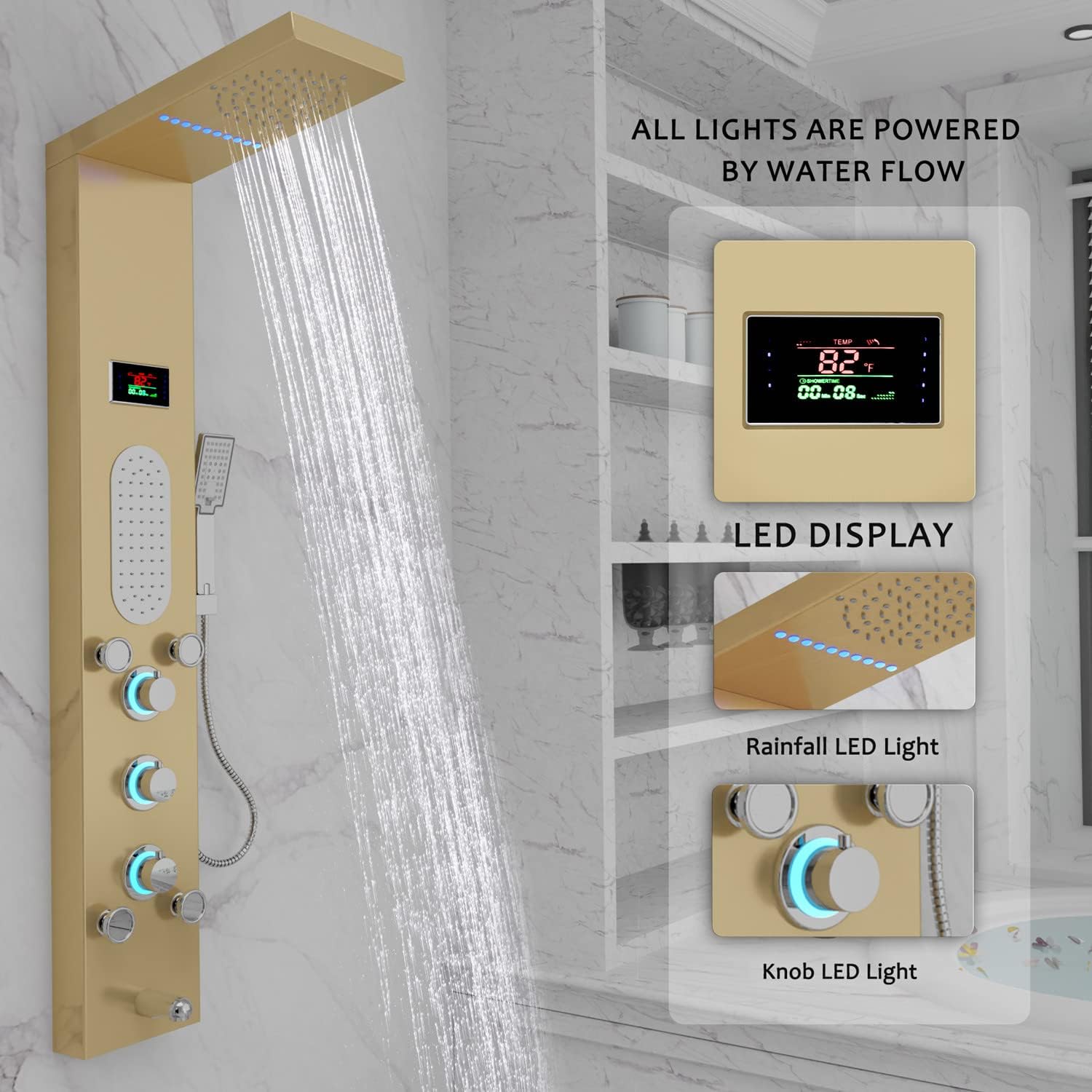 ELLO&ALLO LED Shower Panel Tower System, Rainfall and Mist Head Rain Massage Stainless Steel Shower Fixtures with Adjustable Body Jets, Brushed Gold