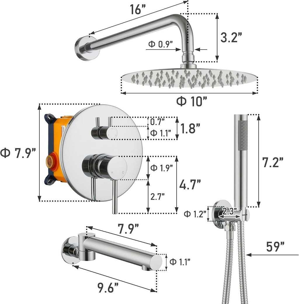 MONDAWE Round Shower Faucets Sets Complete with Tub Spout, Wall Mounted Shower System 10 Inch Rainfall Shower Head with Handheld Combo, Chrome High Pressure Shower Faucet Set