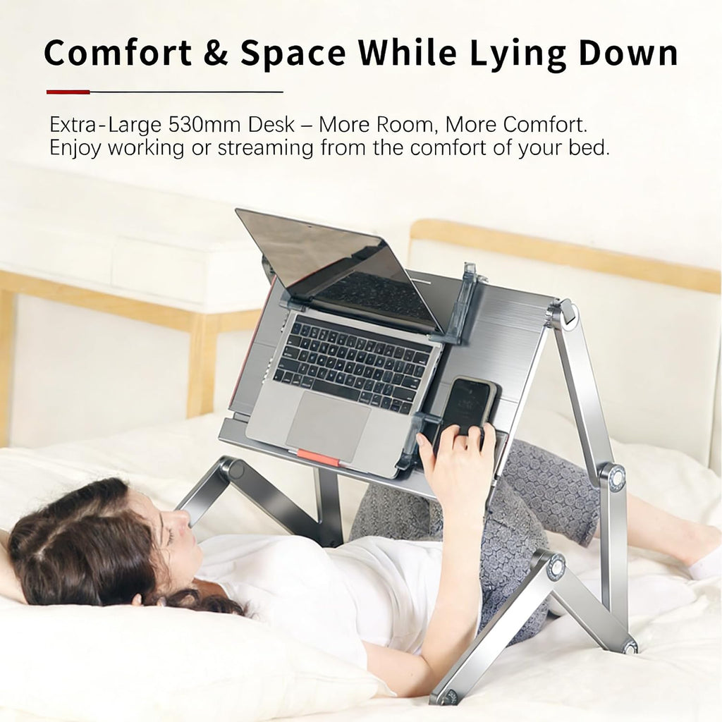 Large Bed Desk for Laptop - Adjustable Height, Foldable Computer Desk | Lying Down Laptop Stand for Bed, Couch,with Adjustable Mouse Pad (Silver)