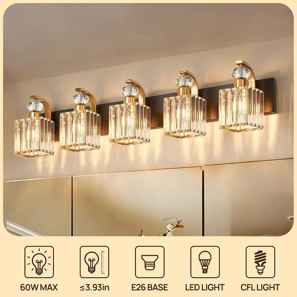 Modern Bathroom Vanity Light, 5-Light Black Gold Bathroom Lighting Fixtures Over Mirror, 36.3' Crystal Wall Light Sconce for Bathroom/Bedroom/Vanity, Includes LED Bulbs, Easy Installation