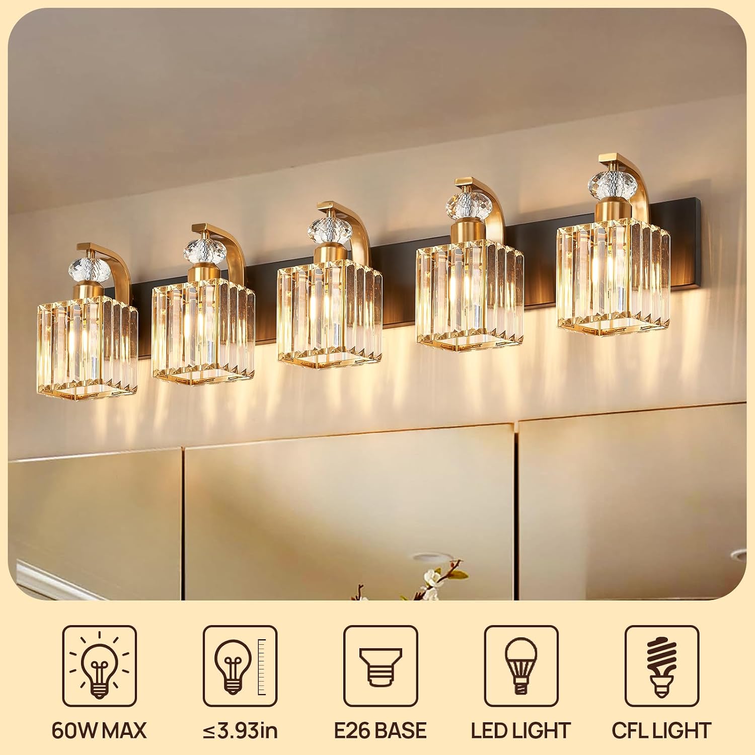 Modern Bathroom Vanity Light, 5-Light Black Gold Bathroom Lighting Fixtures Over Mirror, 36.3' Crystal Wall Light Sconce for Bathroom/Bedroom/Vanity, Includes LED Bulbs, Easy Installation