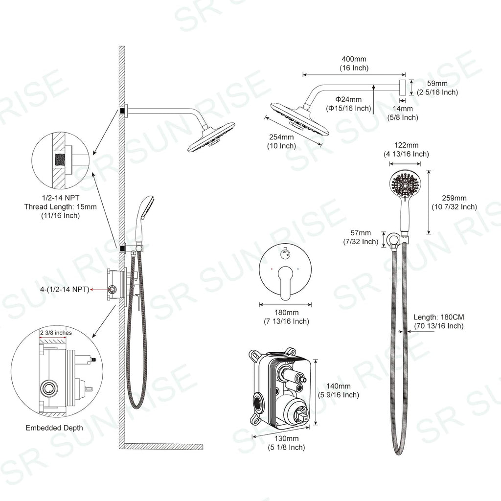 SR SUN RISE Shower Faucet - 10 Inch Multifunctional High Pressure Shower Head System with Handheld Shower Head Fixtures - Valve Included - Brushed Gold