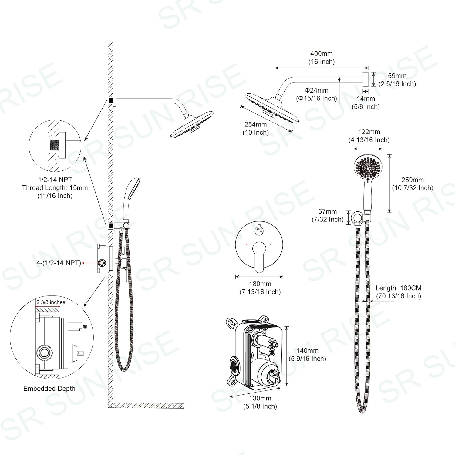 SR SUN RISE Shower Faucet - 10 Inch Multifunctional High Pressure Shower Head System with Handheld Shower Head Fixtures - Valve Included - Brushed Gold