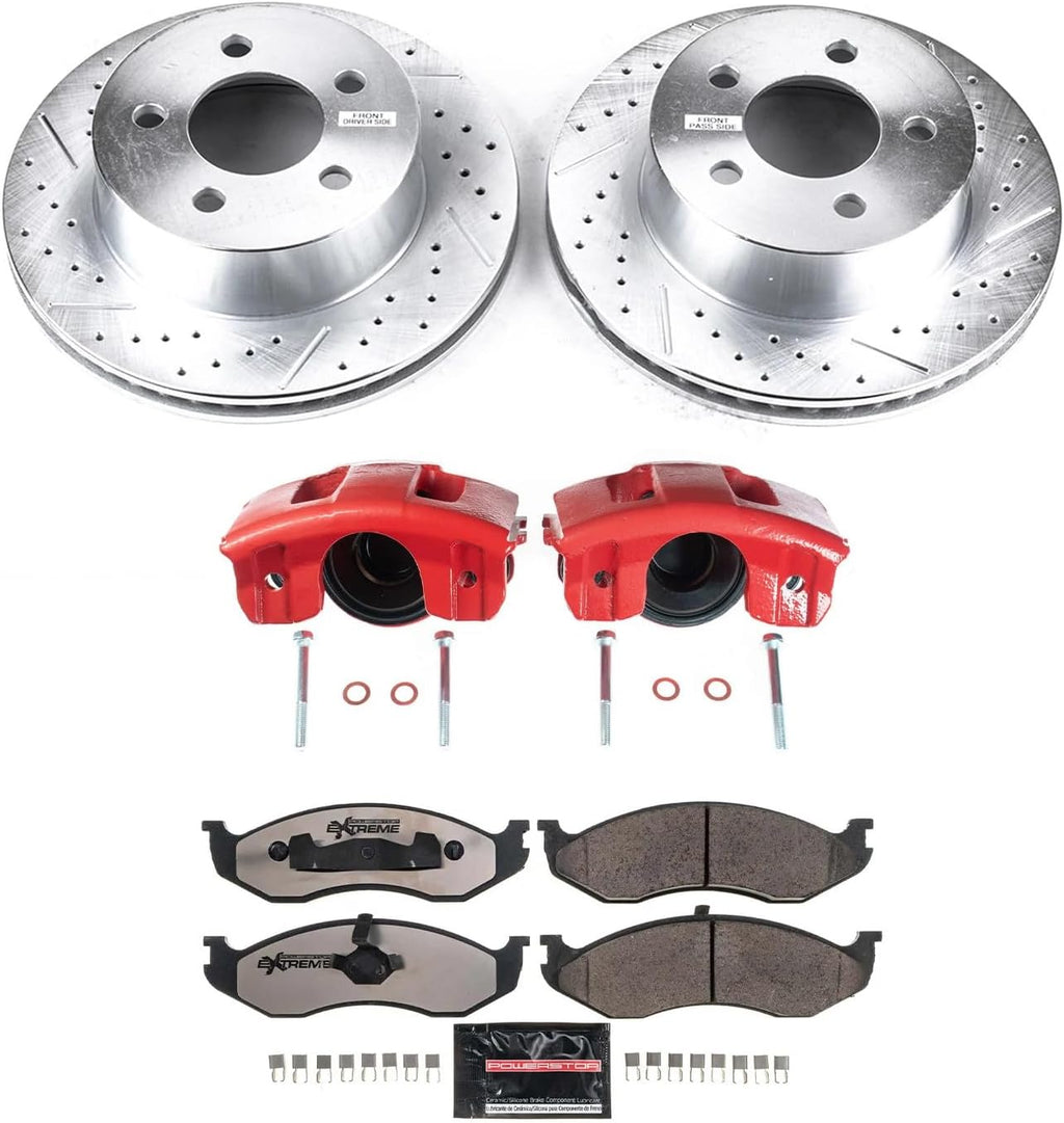 PowerStop Front Brake & Caliper Kit for Jeep Cherokee 1999-01 | Jeep Wrangler 1999-06 - Drilled & Slotted Disc Rotors + Z36 Brake Pads + Red-Powder Coated Calipers, KC2152-36