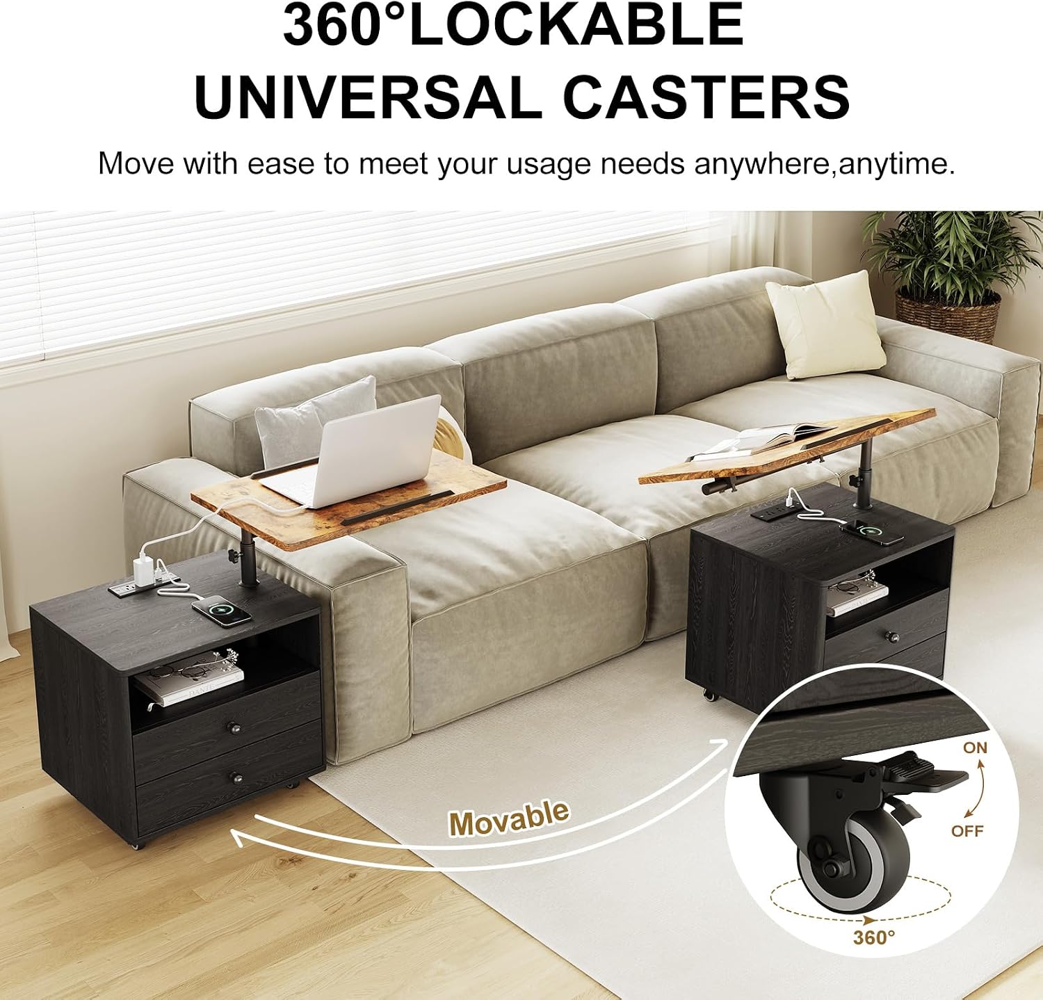 Bedroom Nightstand with Drawers & Charging Station, Adjustable Height Bedside Table with Wheels, Wooden Small Sofa Side Tables with Storage for Living Room, Black Brown