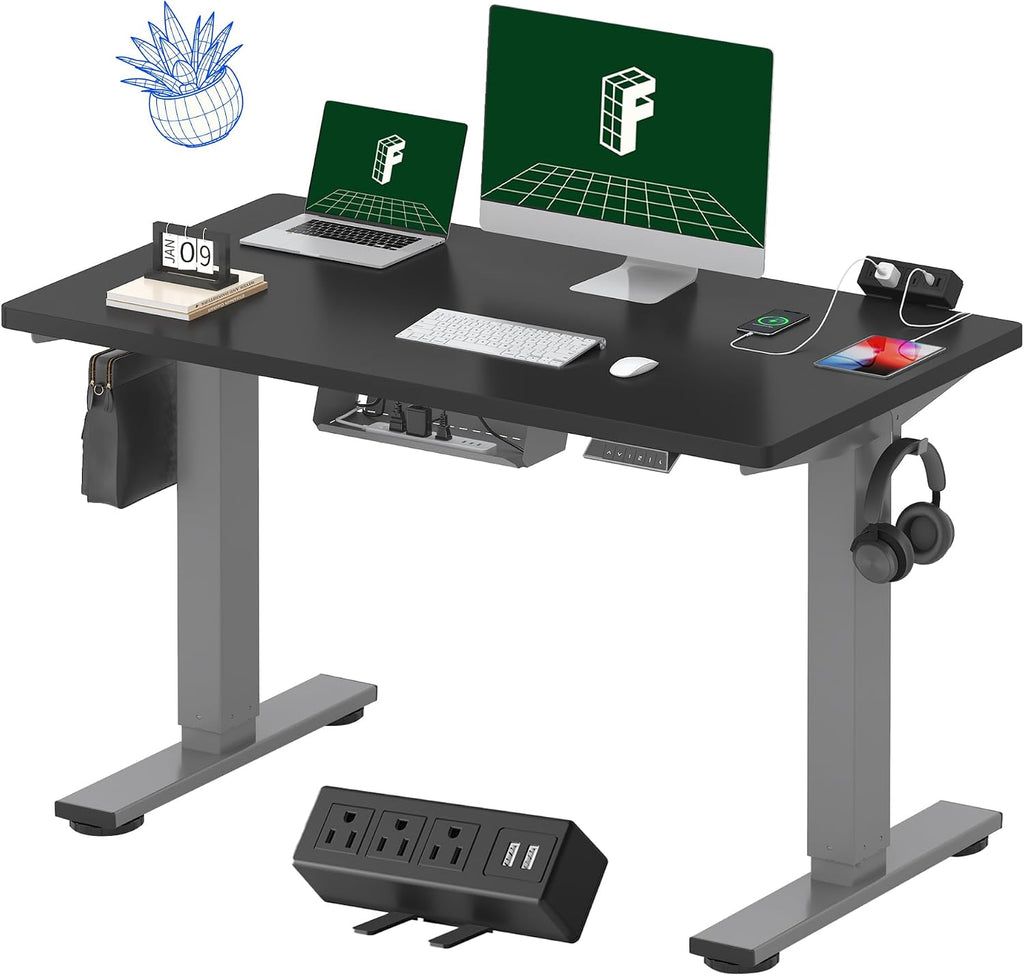 FLEXISPOT EN2 Whole-Piece Standing Desk with Clamp Power Strip, 48 x 24'' Electric Stand Up Height Adjustable Desk with Cable Management (Gray Frame + 48' Black Desktop, 2 Packages)