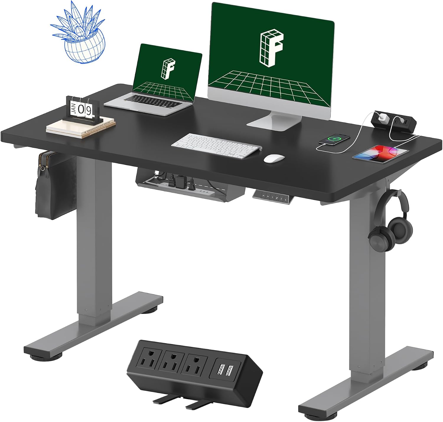 FLEXISPOT EN2 Whole-Piece Standing Desk with Clamp Power Strip, 48 x 24'' Electric Stand Up Height Adjustable Desk with Cable Management (Gray Frame + 48' Black Desktop, 2 Packages)
