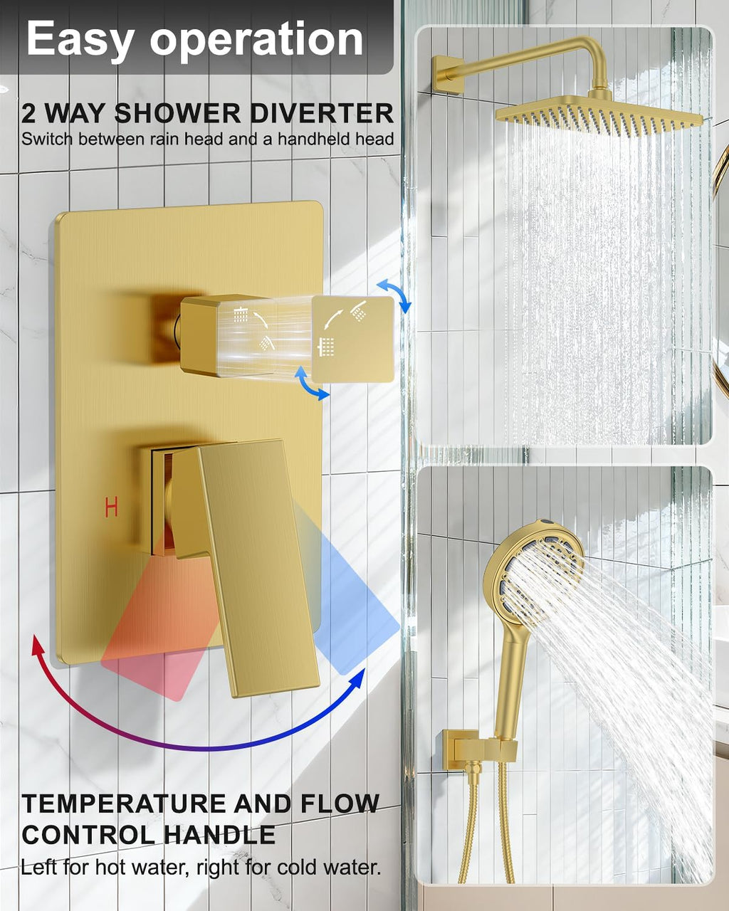 Brushed Gold Shower System Set - Complete with Valve Kit, Rainfall & Filtered Handheld Shower Head spray, Modern Bathroom Fixtures