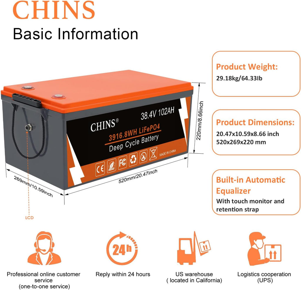 CHINS 36V 102Ah Golf Cart Battery, Built-in Smart 200A BMS, 4000+ Cycles Rechargeable, 36V Lithium Battery Perfect for Golf Cart