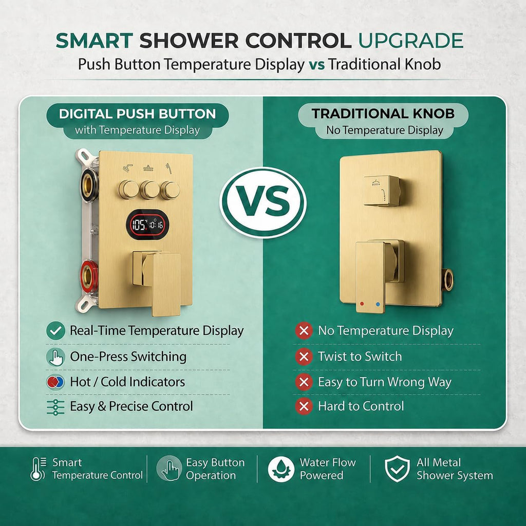 Push Button Diverter Shower Faucet Set Hydro Power Temperature Display, Shower System Wall Mounted 10' & 6' Shower Head with 3-Spary Handheld, Shower Fixtures with Valve and Trim Kit, Brushed Gold