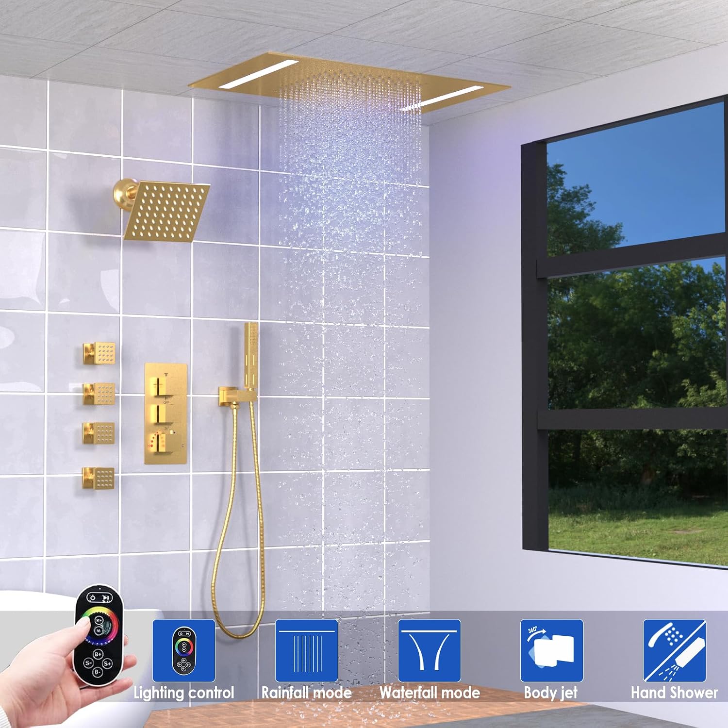 Brushed Gold Dual Heads Shower Faucets Set Thermostatic Shower System, 4-Way Shower Fixture 14X20' LED Rainfall Shower Head with 6inch Wall Mount Showerhead, Dual-mode Handheld, 4 Jets with Shut-Off
