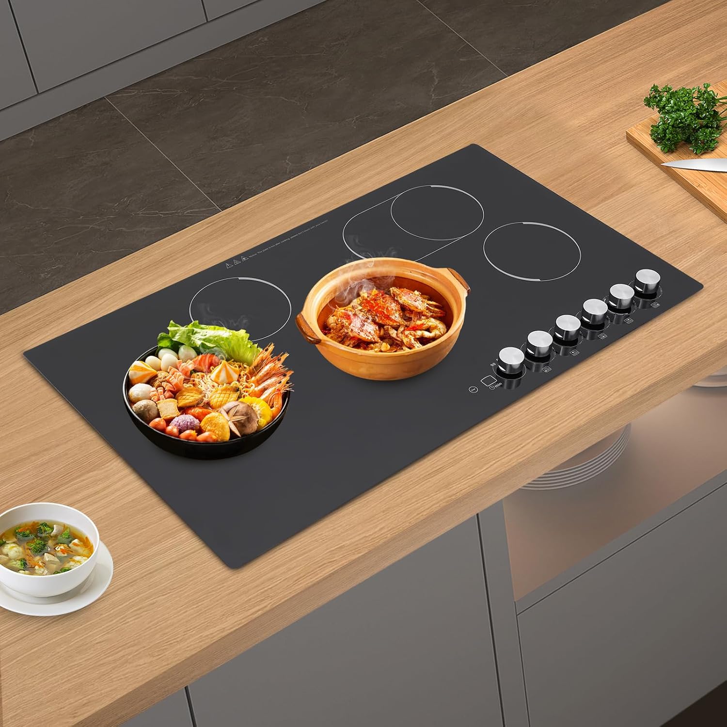 5 Burner Electric Cooktop, 35.5 Inch Touch Control Electric Stove Top with 5 Heating Level & Overheat Protection, Child Lock, 1 Waterproof Tape, Countertop/Embedded Mount Electrics Stovetop Burner